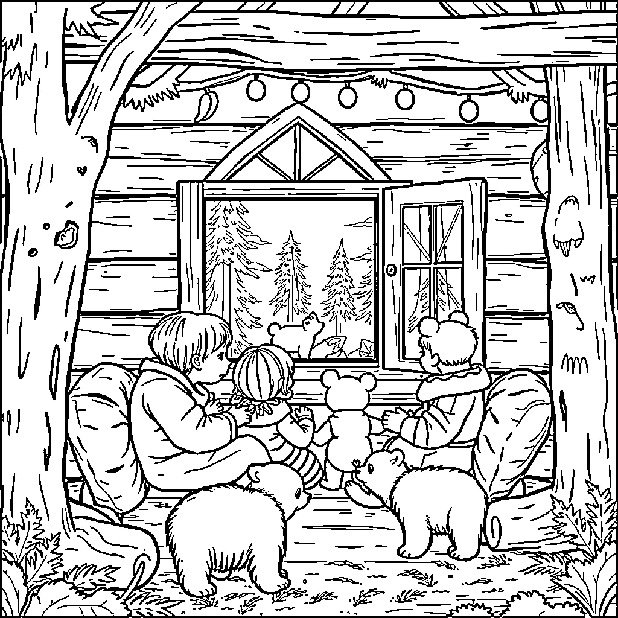 Family Enjoying a Cozy Winter Evening Together Coloring Page (free black-and-white line drawing printable PDF for all, from beginners to advanced learners, including children, teens, adults, and seniors)