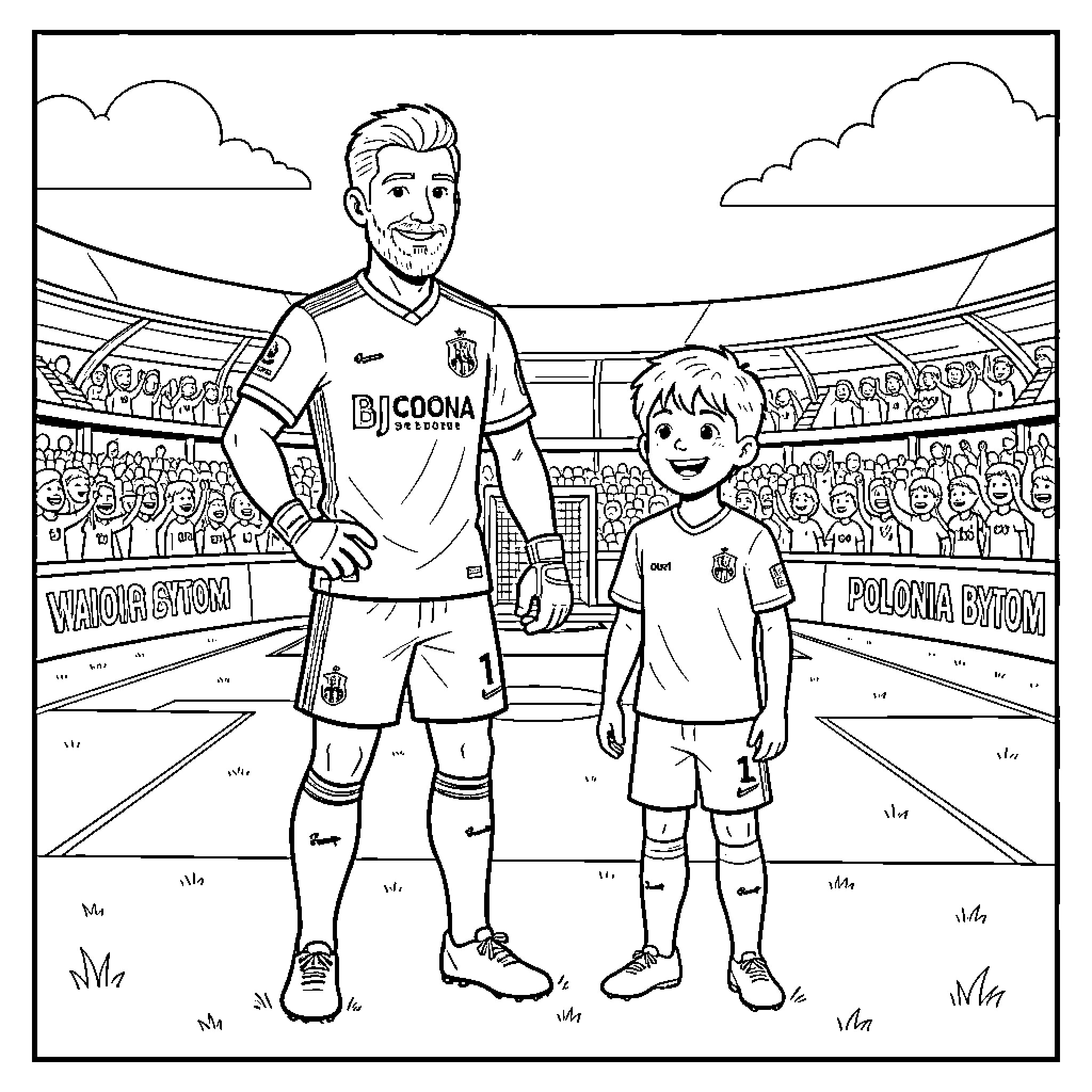 Goalkeeper and young soccer player on the field Coloring Page (free black-and-white line drawing printable PDF for all, from beginners to advanced learners, including children, teens, adults, and seniors)