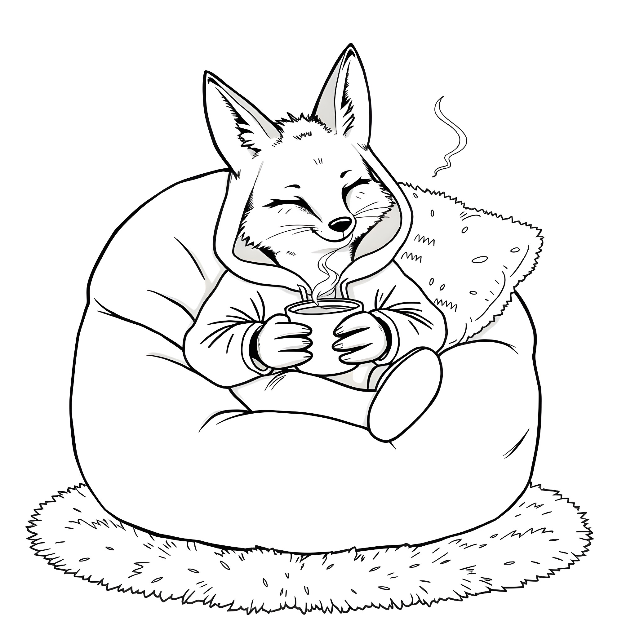 Fox enjoying a warm beverage on a cozy day Coloring Page (free black-and-white line drawing printable PDF for all, from beginners to advanced learners, including children, teens, adults, and seniors)