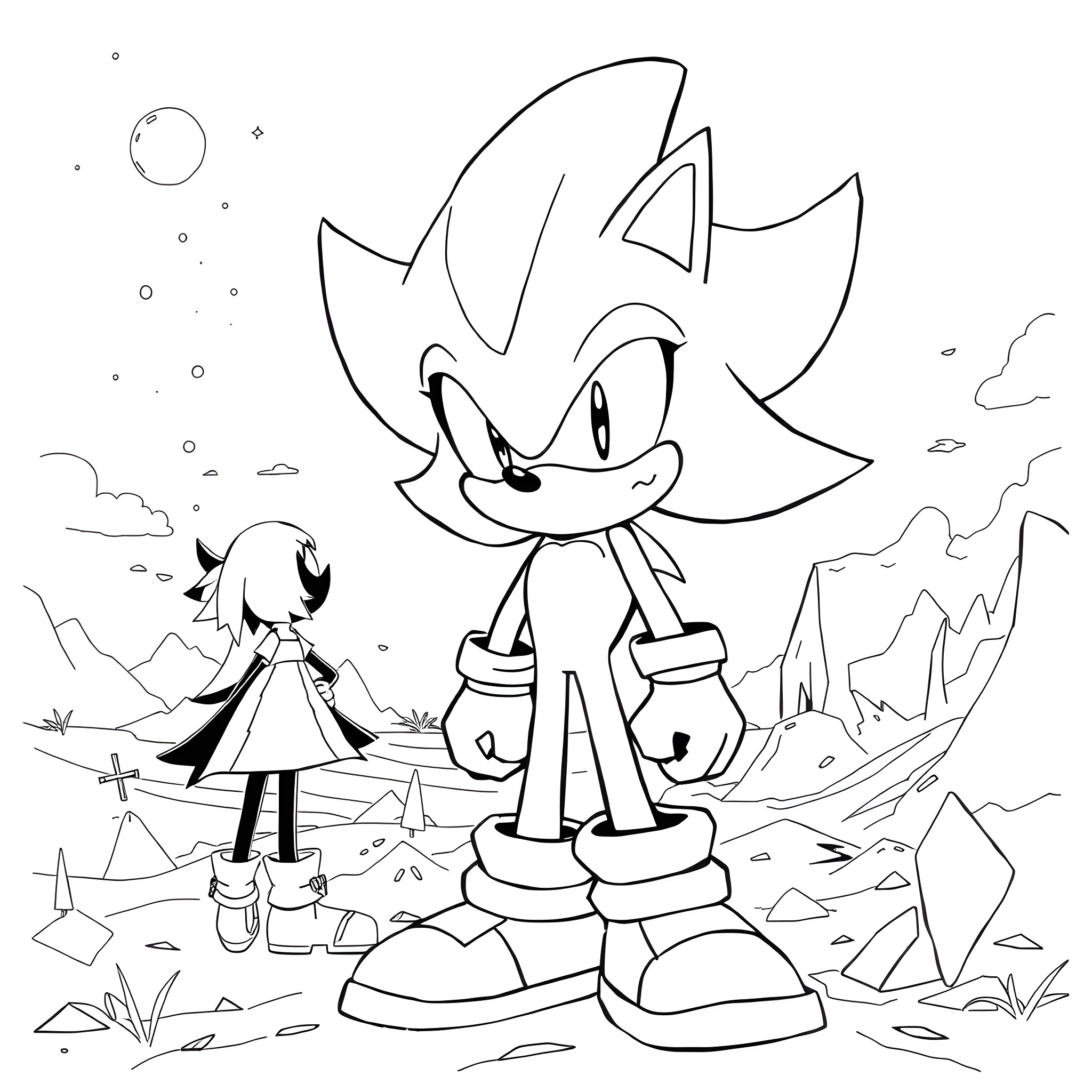 Shadow of a cheerful cartoon character exploring a rocky landscape Coloring Page (free black-and-white line drawing printable PDF for all, from beginners to advanced learners, including children, teens, adults, and seniors)