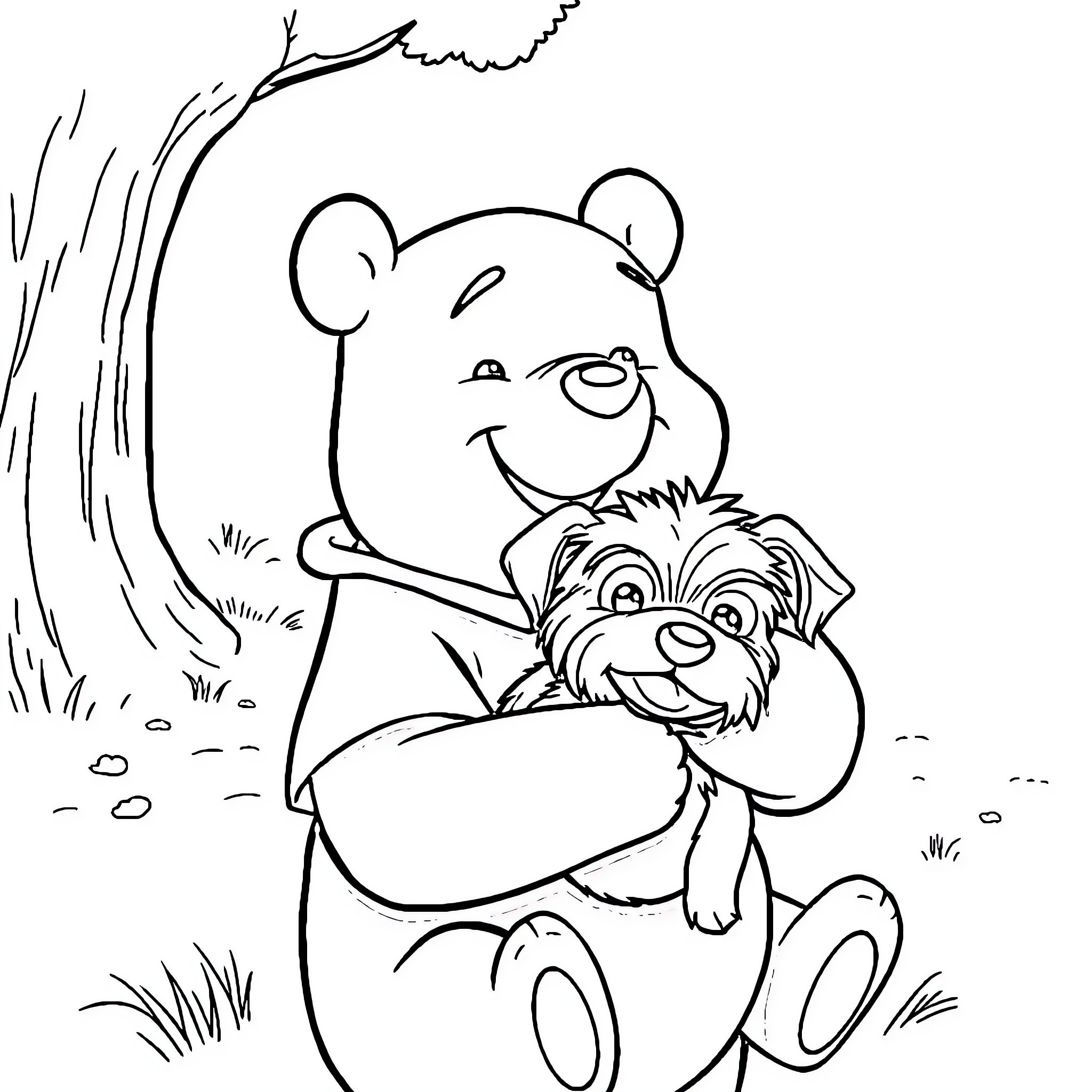 Pooh hugging a playful puppy in the forest Coloring Page (free black-and-white line drawing printable PDF for all, from beginners to advanced learners, including children, teens, adults, and seniors)