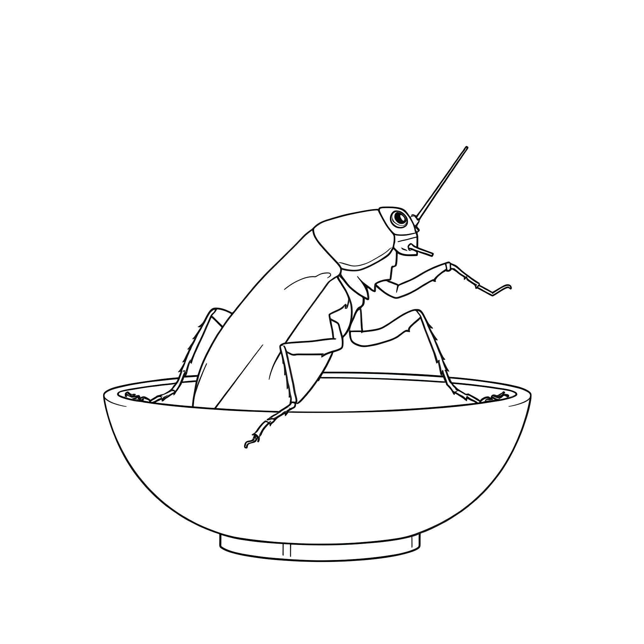 Cockroach enjoying a relaxing soak in a bowl Coloring Page (free black-and-white line drawing printable PDF for all, from beginners to advanced learners, including children, teens, adults, and seniors)