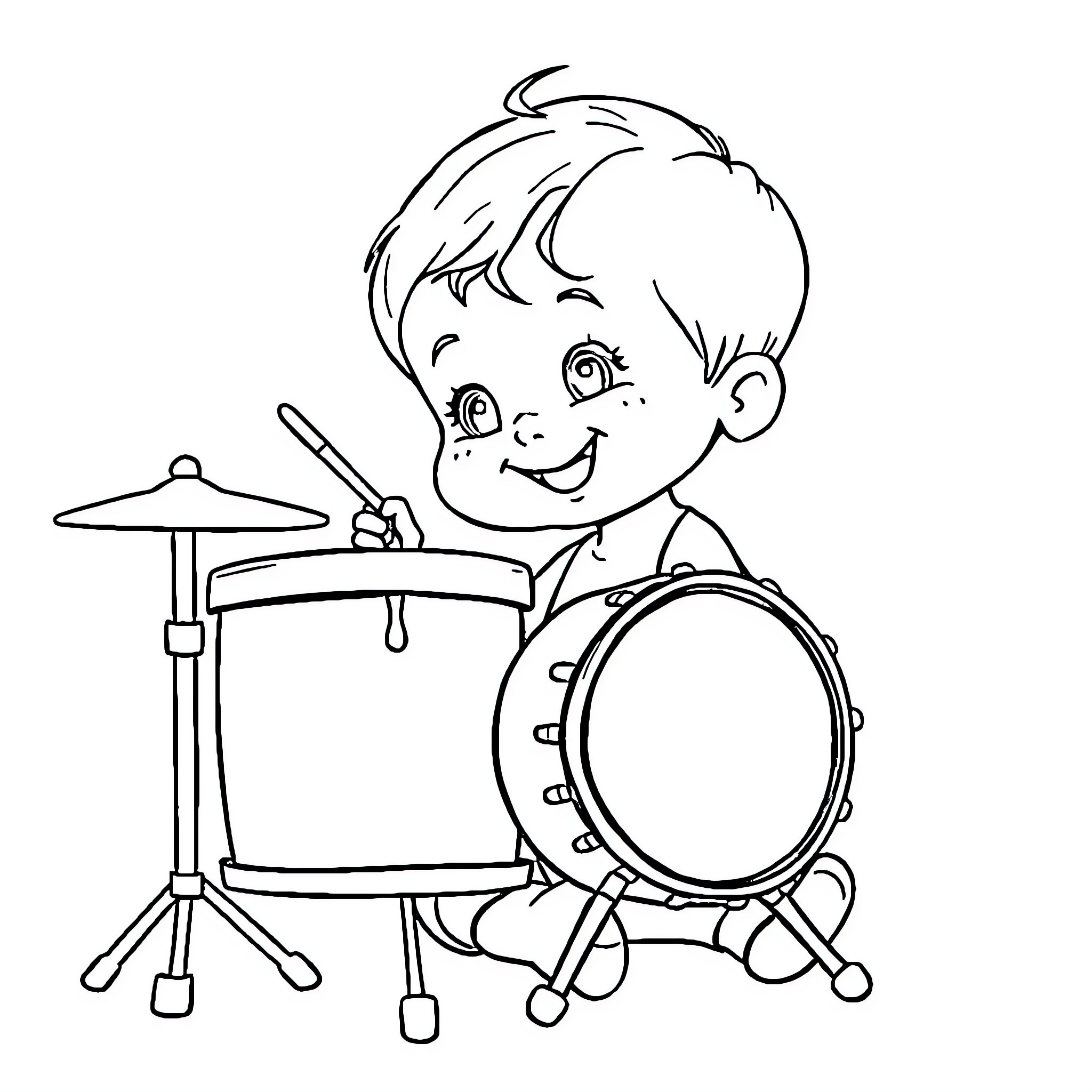 Baby Girl Happily Playing Drums Coloring Page (free black-and-white line drawing printable PDF for all, from beginners to advanced learners, including children, teens, adults, and seniors)