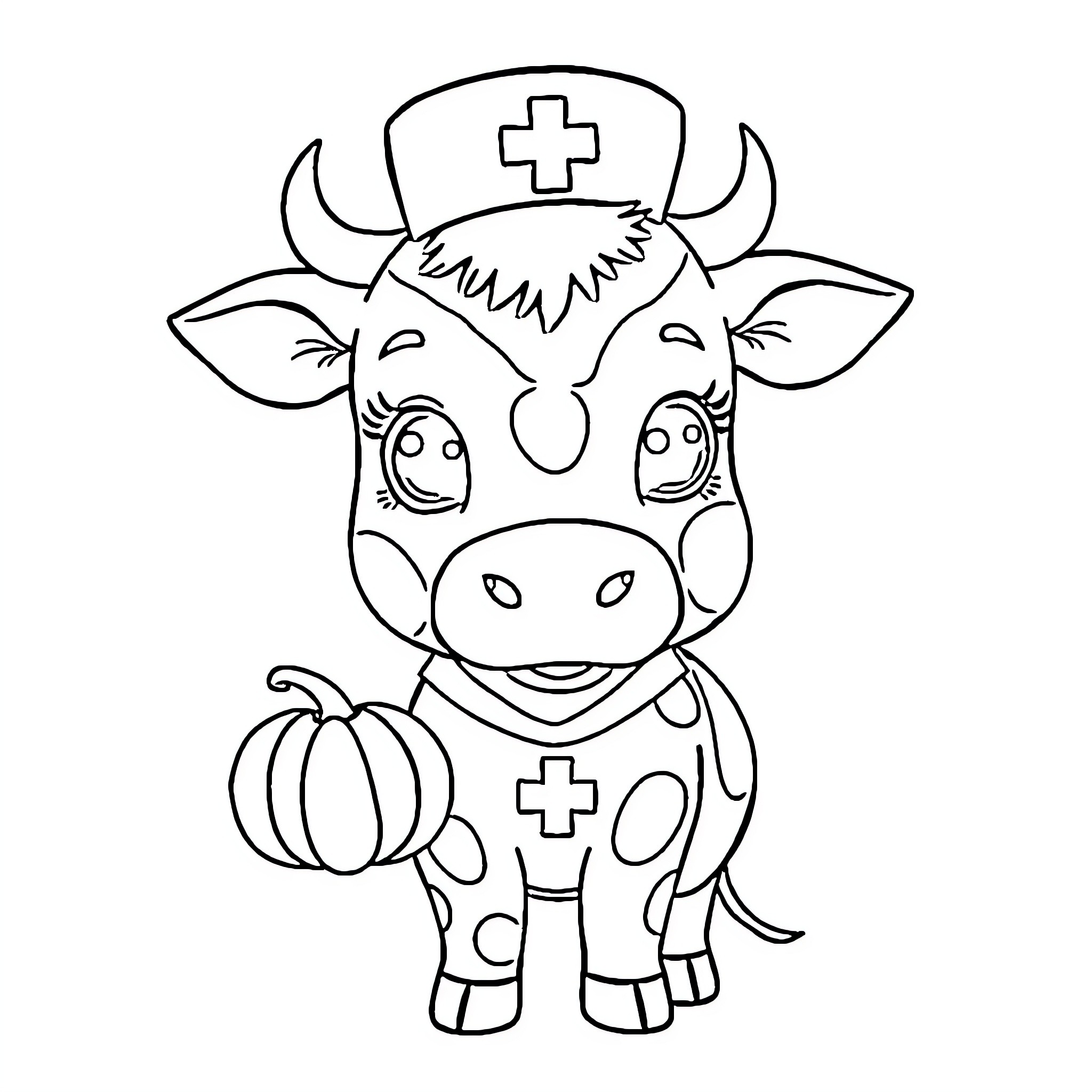 Cow Nurse Holding Pumpkin Coloring Page (free black-and-white line drawing printable PDF for all, from beginners to advanced learners, including children, teens, adults, and seniors)