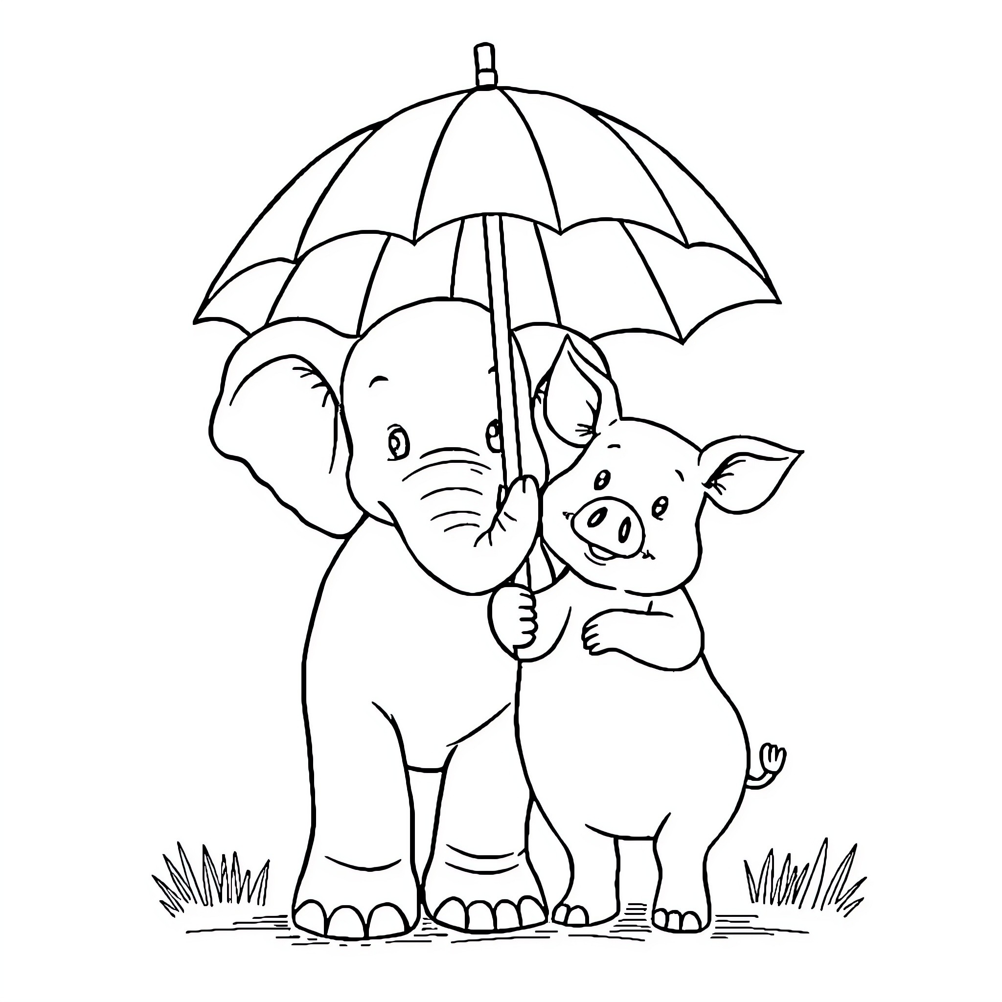 Elephant and Pig Sheltering Under Umbrella Coloring Page (free black-and-white line drawing printable PDF for all, from beginners to advanced learners, including children, teens, adults, and seniors)