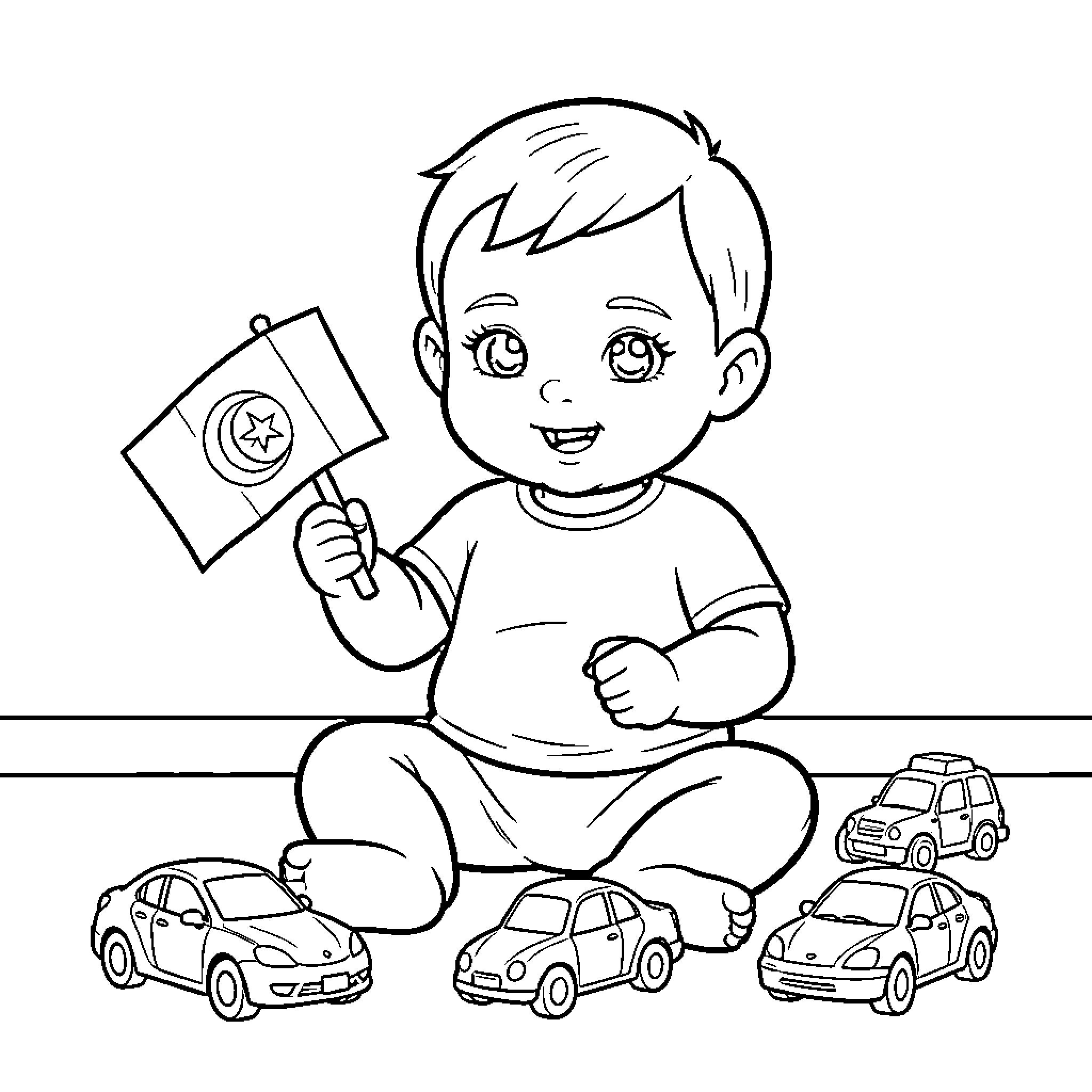 Tunisian Flag held by a happy sitting baby Coloring Page (free black-and-white line drawing printable PDF for all, from beginners to advanced learners, including children, teens, adults, and seniors)
