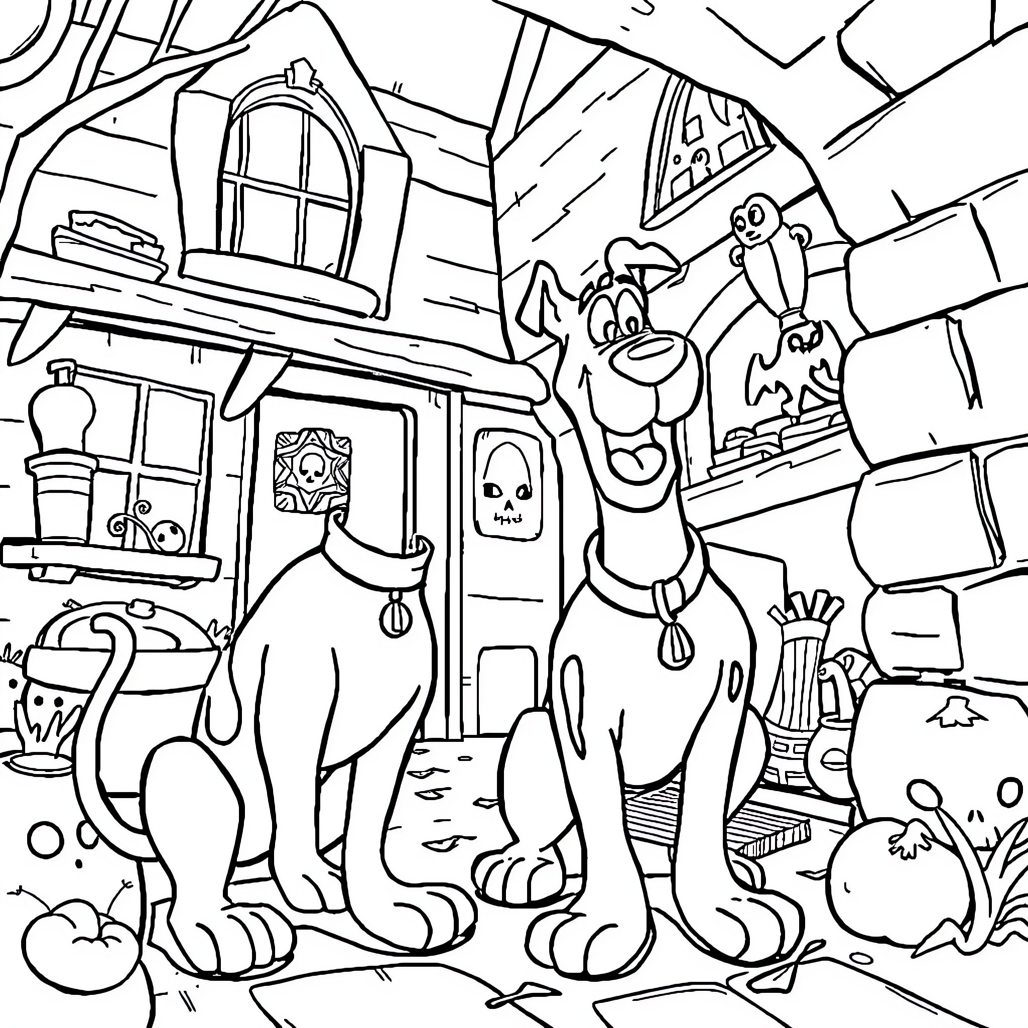 Scooby Doo and friends explore a spooky haunted house Coloring Page (free black-and-white line drawing printable PDF for all, from beginners to advanced learners, including children, teens, adults, and seniors)