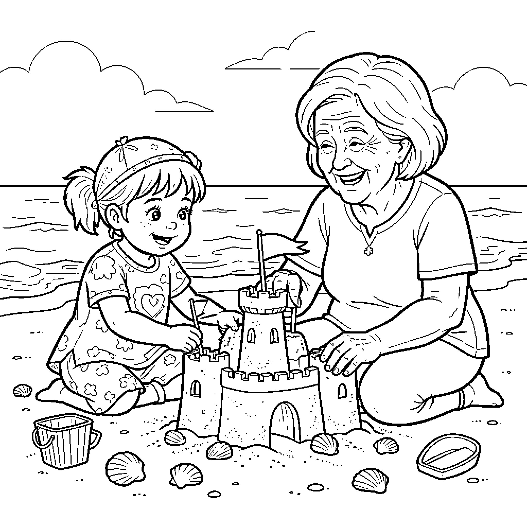 Fille and grandmother building a sandcastle at the beach Coloring Page (free black-and-white line drawing printable PDF for all, from beginners to advanced learners, including children, teens, adults, and seniors)