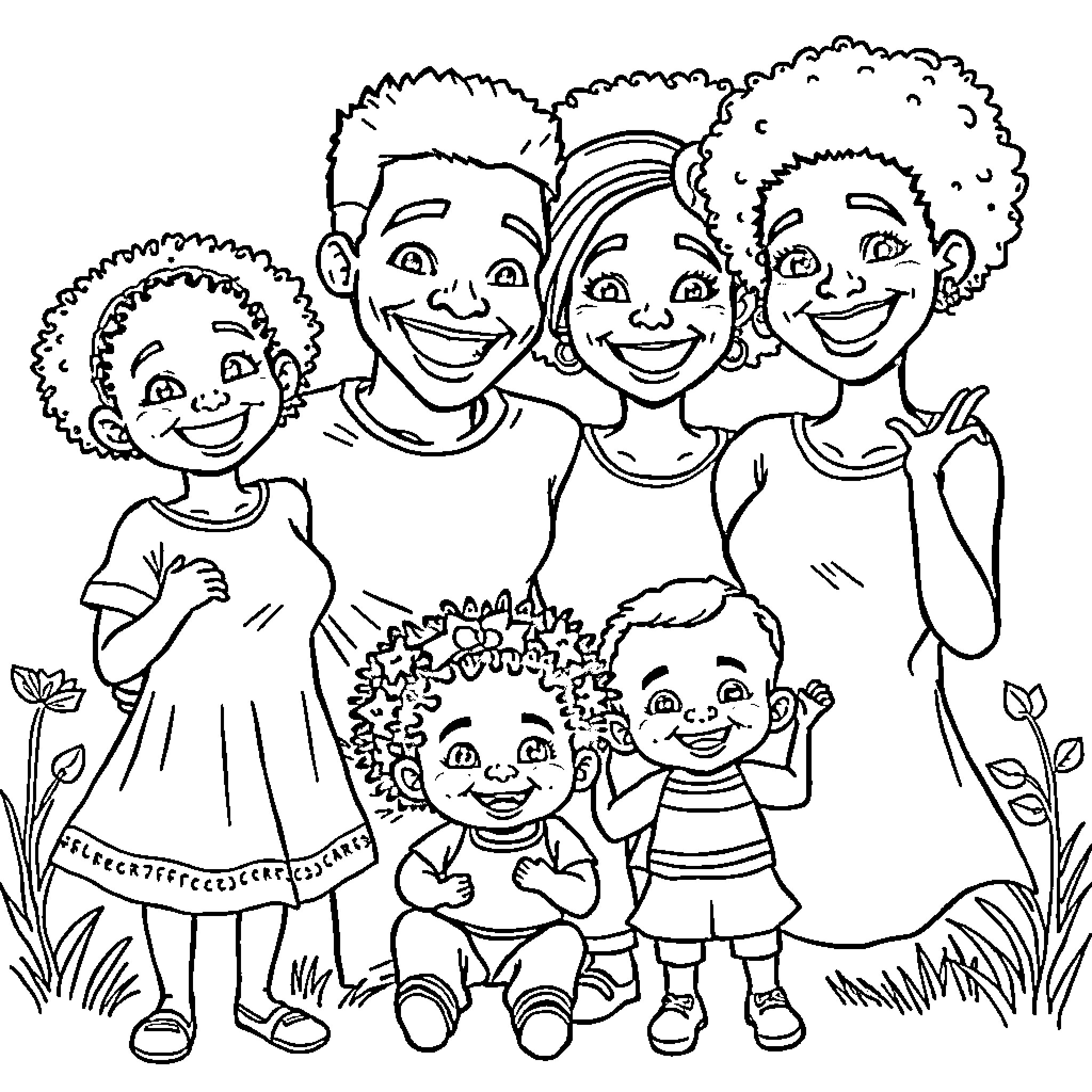 Family enjoying a cheerful outdoor gathering Coloring Page (free black-and-white line drawing printable PDF for all, from beginners to advanced learners, including children, teens, adults, and seniors)