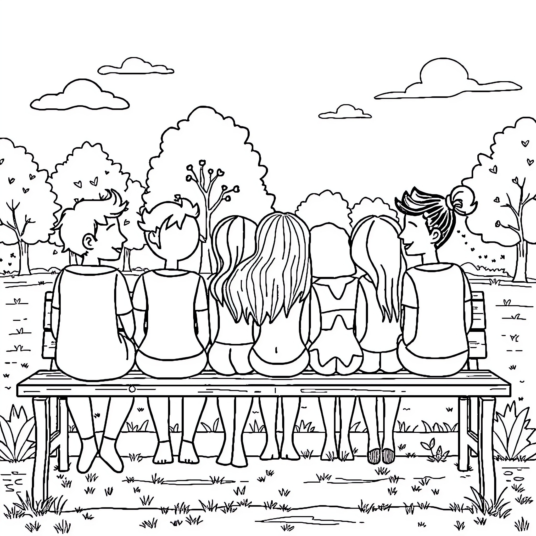 Friend Enjoying Outdoor Picnic with Group Coloring Page (free black-and-white line drawing printable PDF for all, from beginners to advanced learners, including children, teens, adults, and seniors)