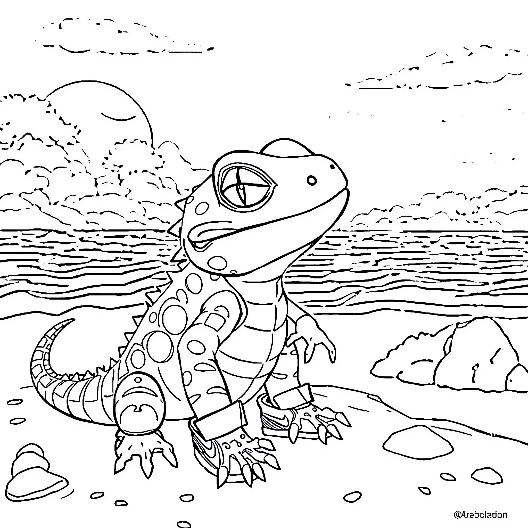 Cocodrilo exploring the ocean landscape Coloring Page (free black-and-white line drawing printable PDF for all, from beginners to advanced learners, including children, teens, adults, and seniors)