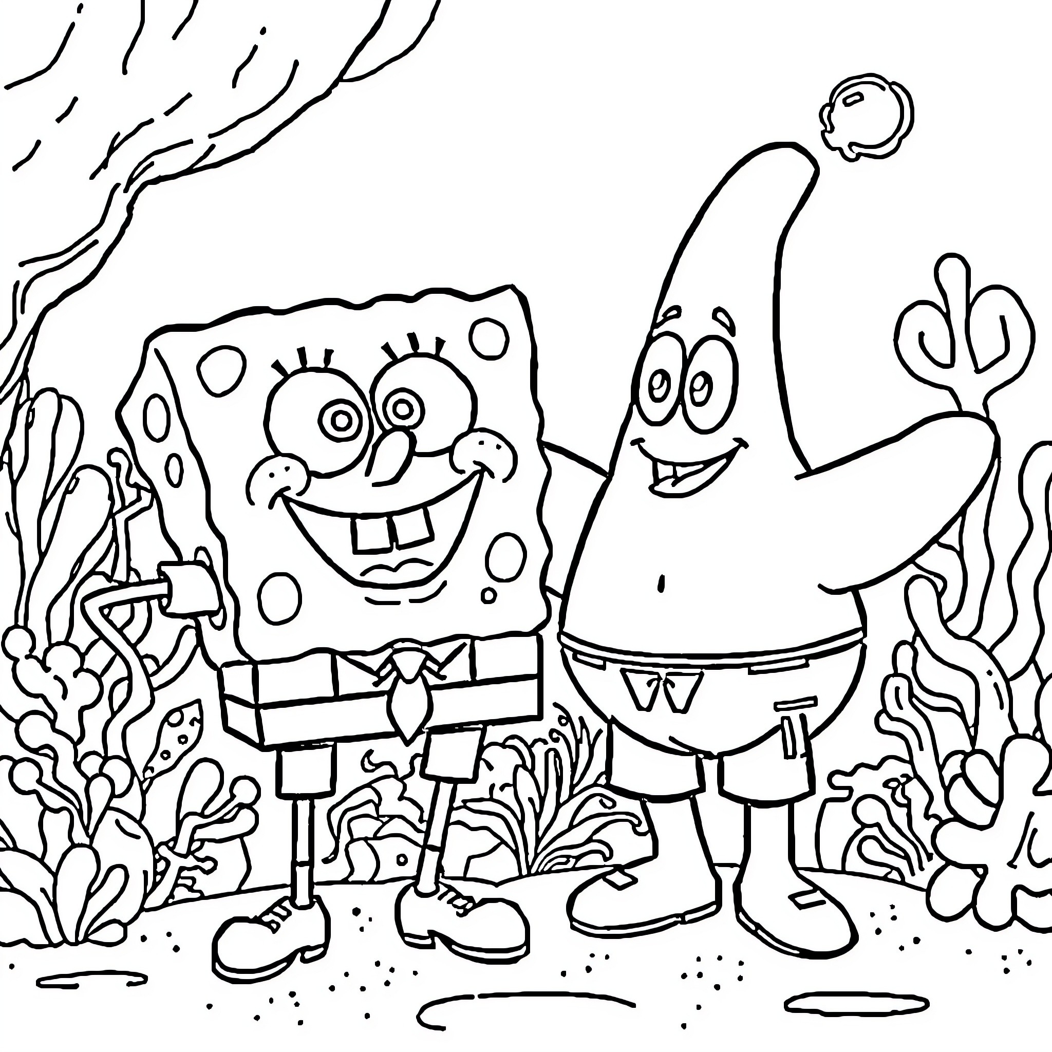 Spongebob and Patrick having a fun underwater adventure Coloring Page (free black-and-white line drawing printable PDF for all, from beginners to advanced learners, including children, teens, adults, and seniors)