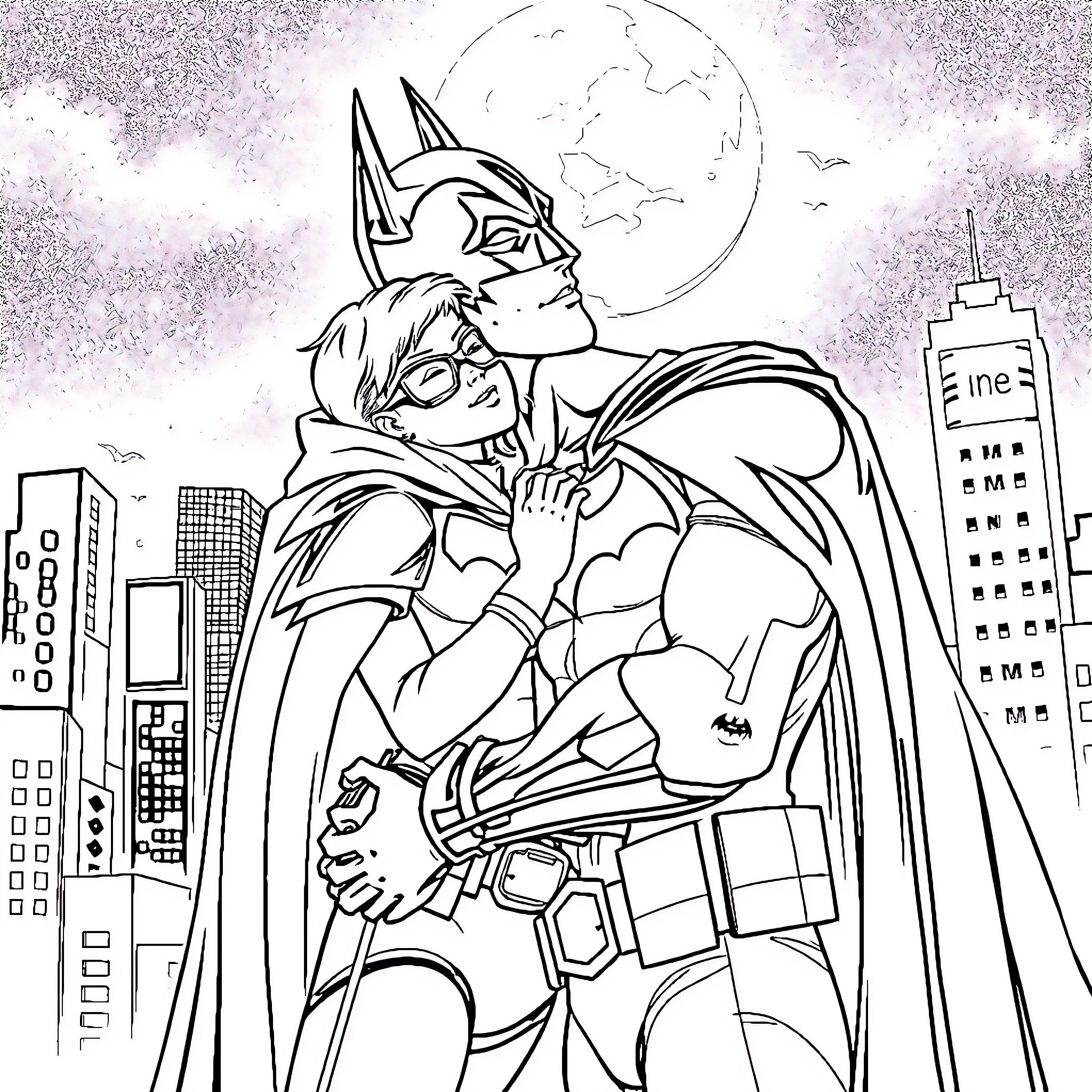 Batman saving a child in a night city Coloring Page (free black-and-white line drawing printable PDF for all, from beginners to advanced learners, including children, teens, adults, and seniors)