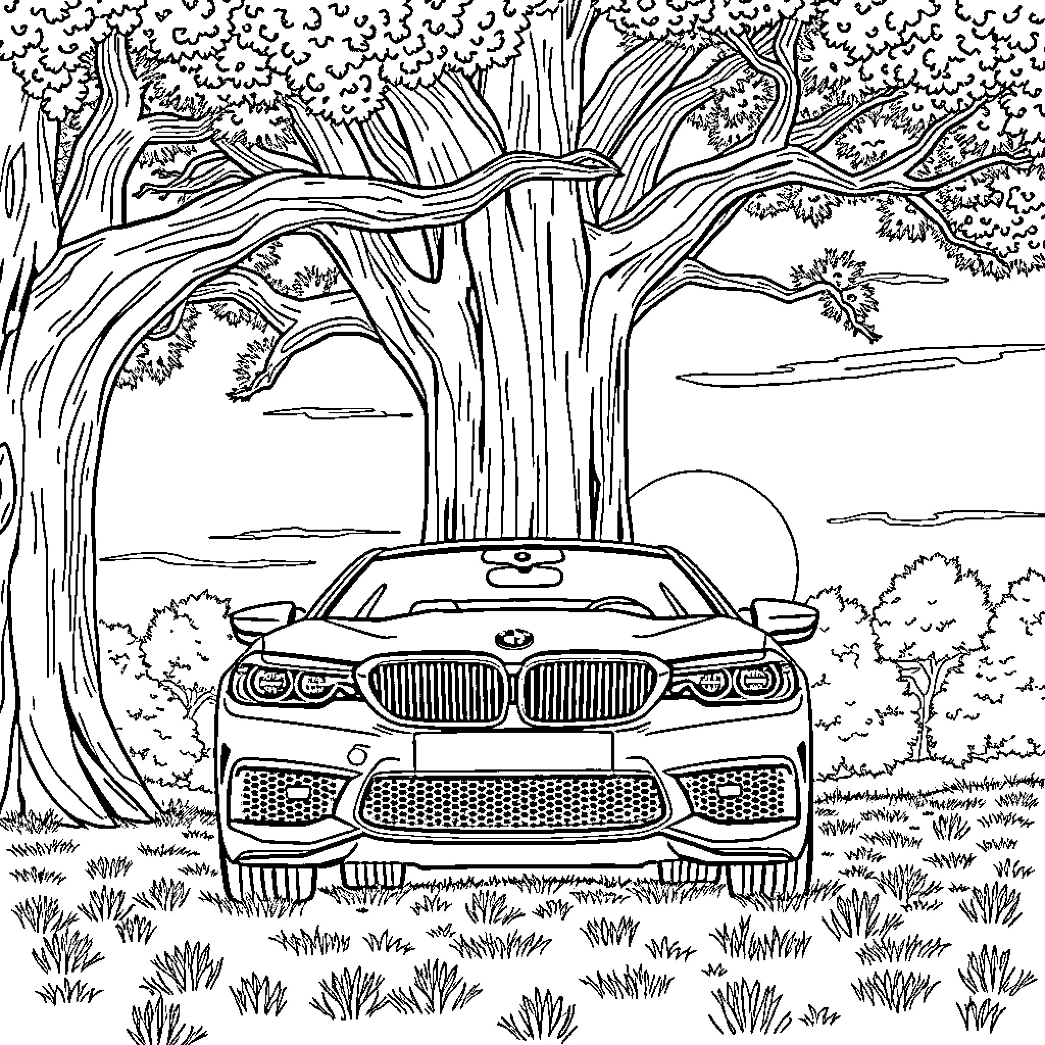 BMW M5 in a serene forest landscape Coloring Page (free black-and-white line drawing printable PDF for all, from beginners to advanced learners, including children, teens, adults, and seniors)