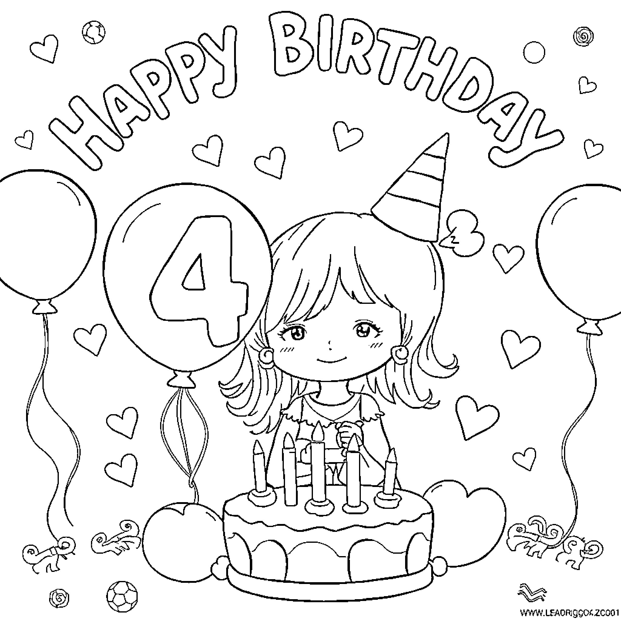 Hubtrix Happy 4th Birthday Celebration Coloring Page (free black-and-white line drawing printable PDF for all, from beginners to advanced learners, including children, teens, adults, and seniors)