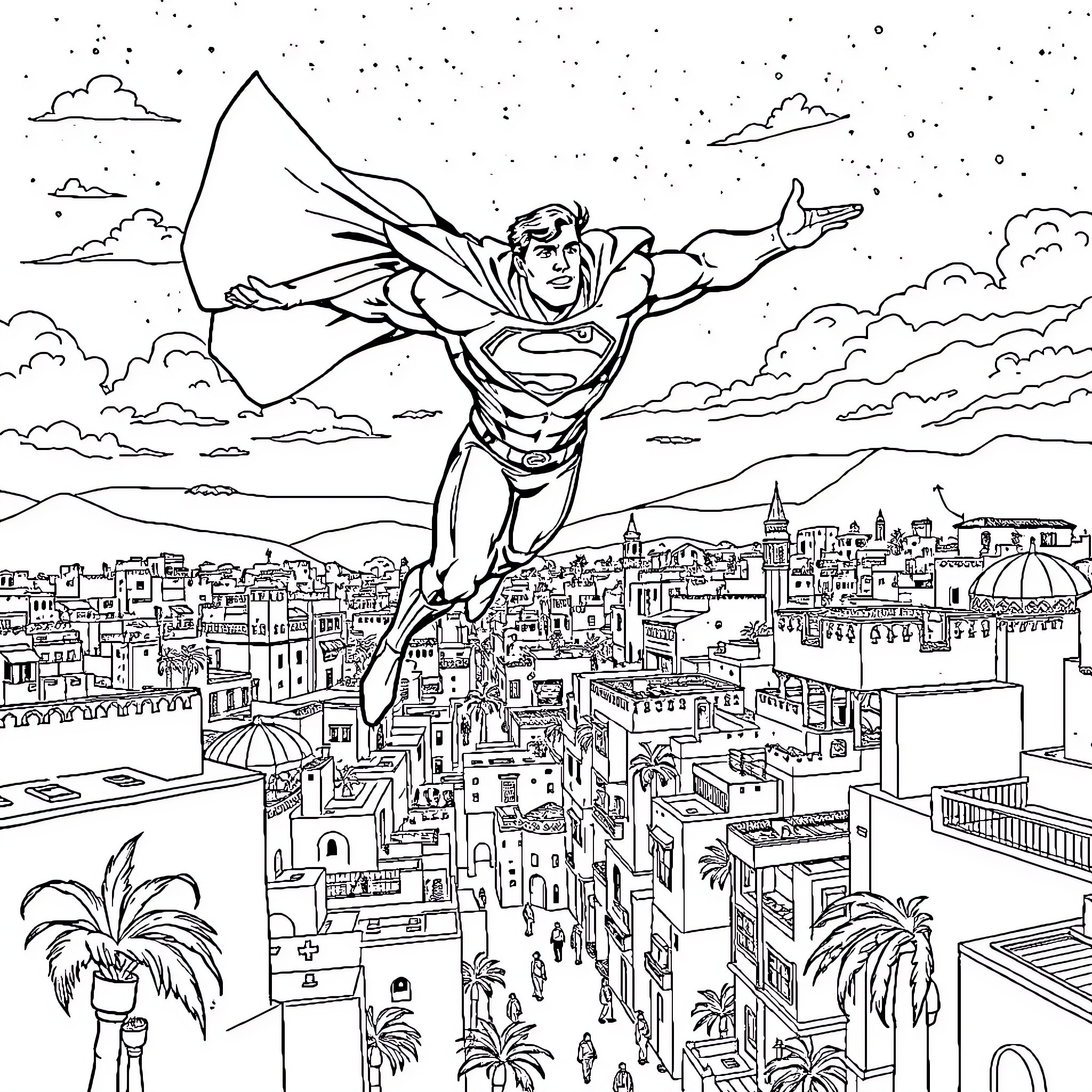 Superman soaring over the city in heroic pose Coloring Page (free black-and-white line drawing printable PDF for all, from beginners to advanced learners, including children, teens, adults, and seniors)