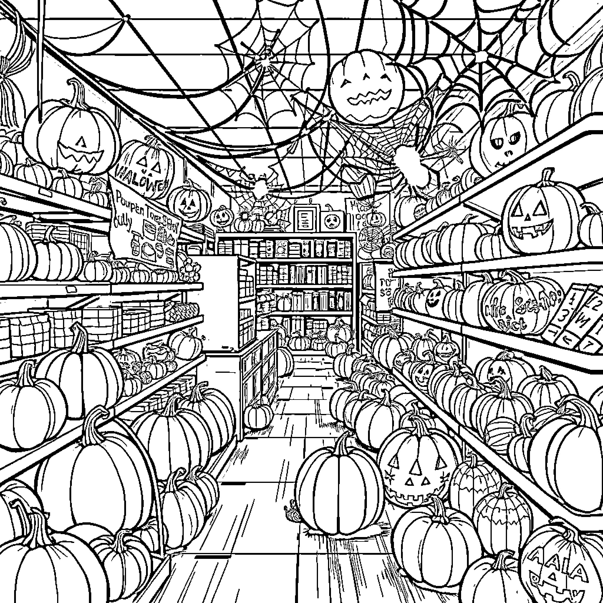 Halloween Spooky Supermarket with Pumpkins and Decorations Coloring Page (free black-and-white line drawing printable PDF for all, from beginners to advanced learners, including children, teens, adults, and seniors)