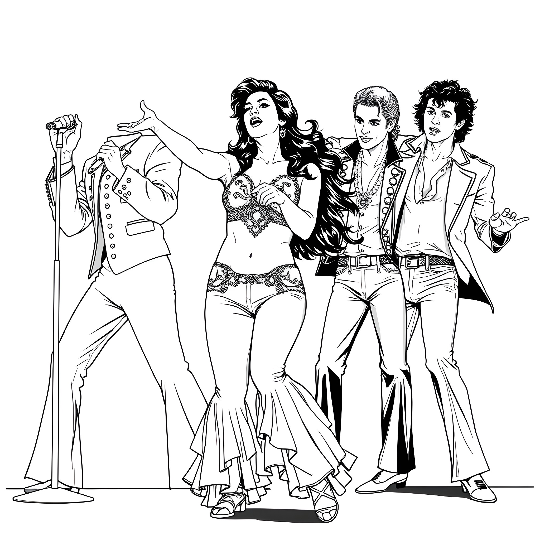 Musician performing with band on stage Coloring Page (free black-and-white line drawing printable PDF for all, from beginners to advanced learners, including children, teens, adults, and seniors)