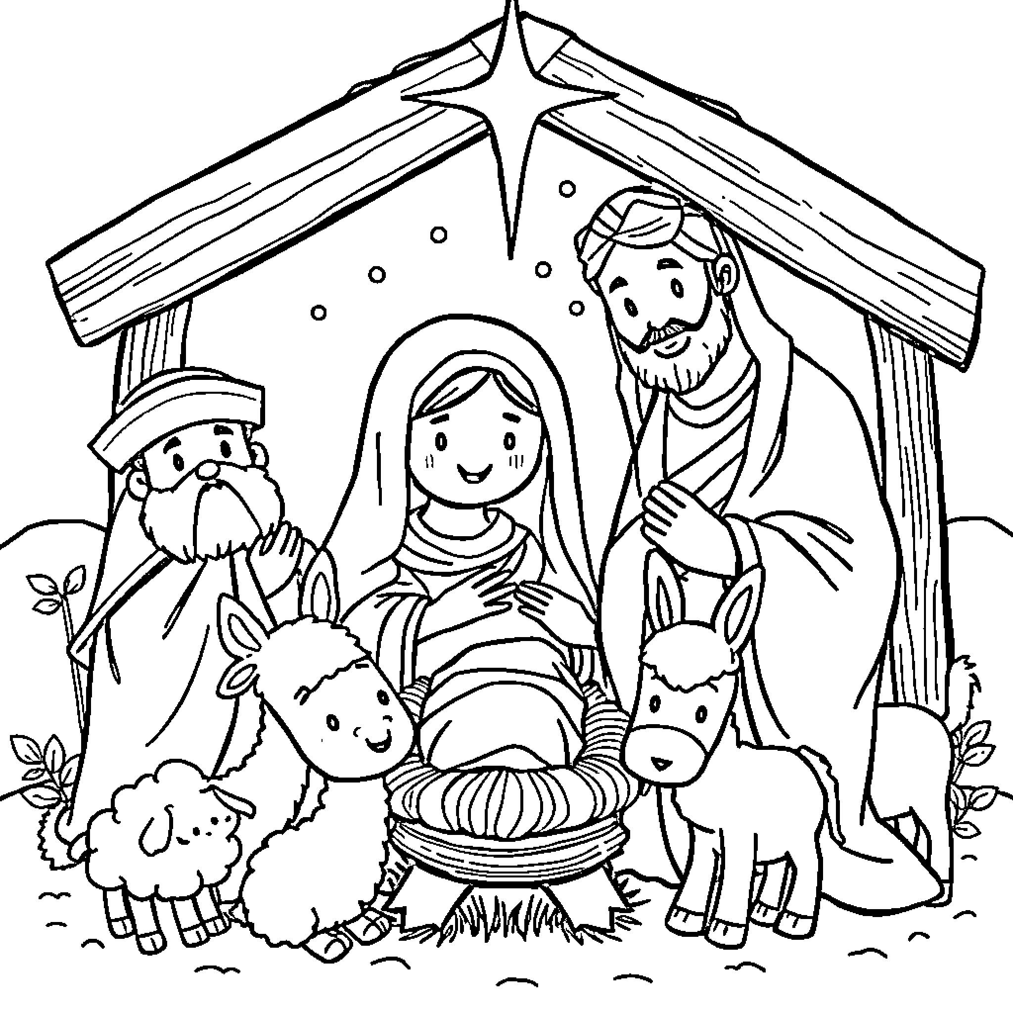Nativity scene with family, animals, and star Coloring Page (free black-and-white line drawing printable PDF for all, from beginners to advanced learners, including children, teens, adults, and seniors)