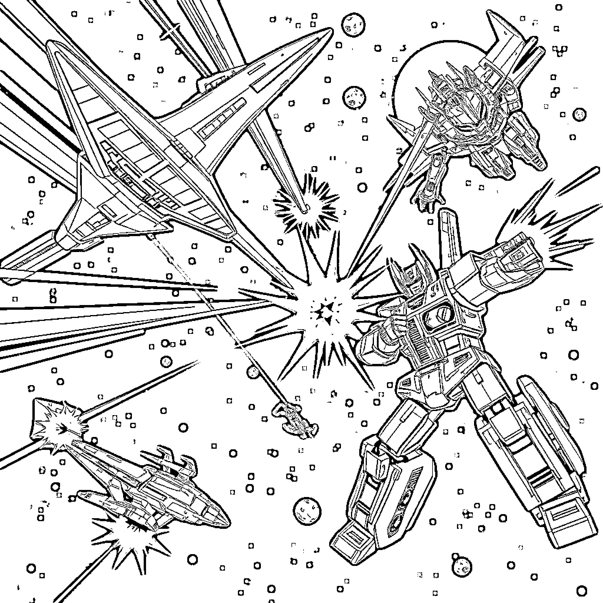 Starship battle in outer space Coloring Page (free black-and-white line drawing printable PDF for all, from beginners to advanced learners, including children, teens, adults, and seniors)