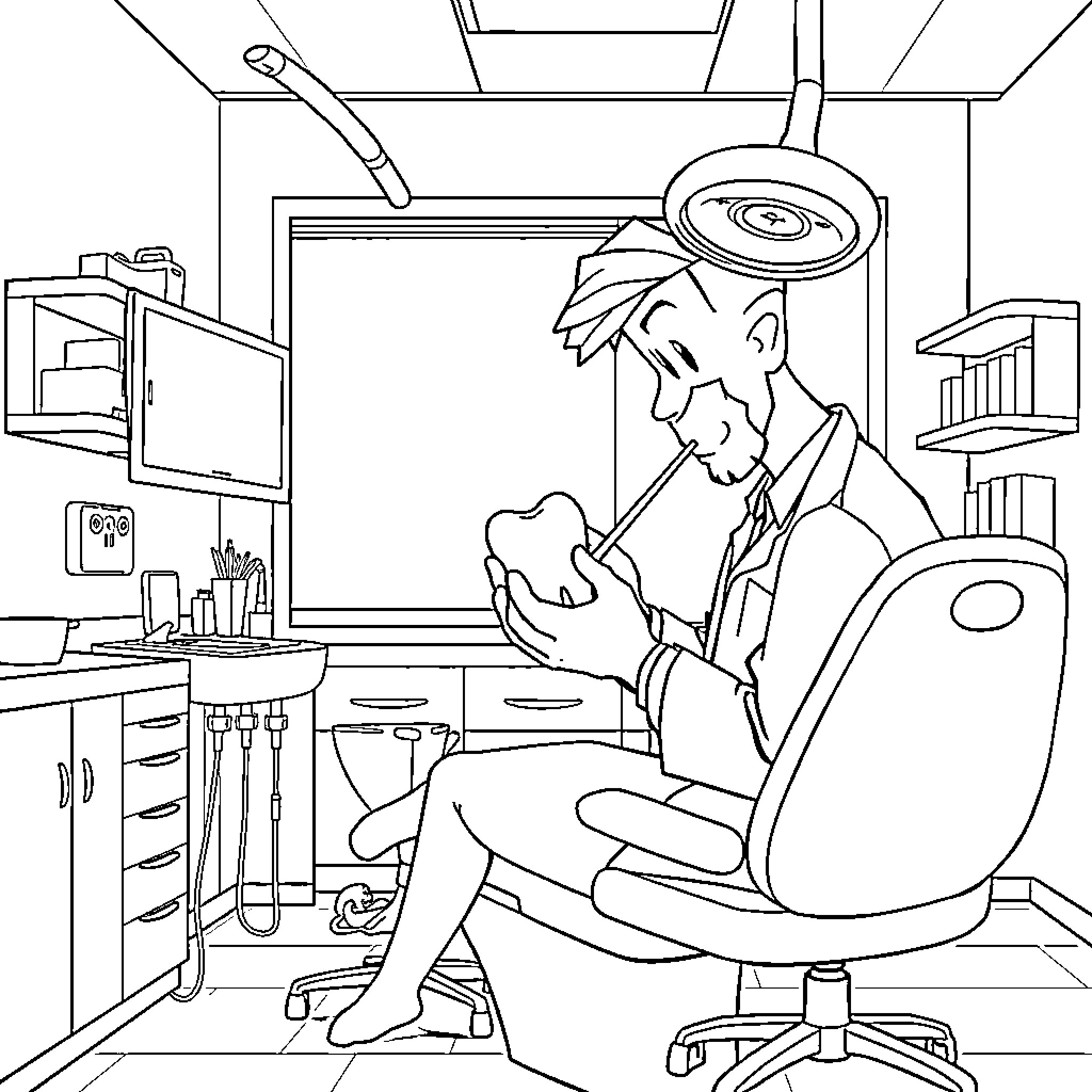 Dentist performing dental examination in clinic Coloring Page (free black-and-white line drawing printable PDF for all, from beginners to advanced learners, including children, teens, adults, and seniors)