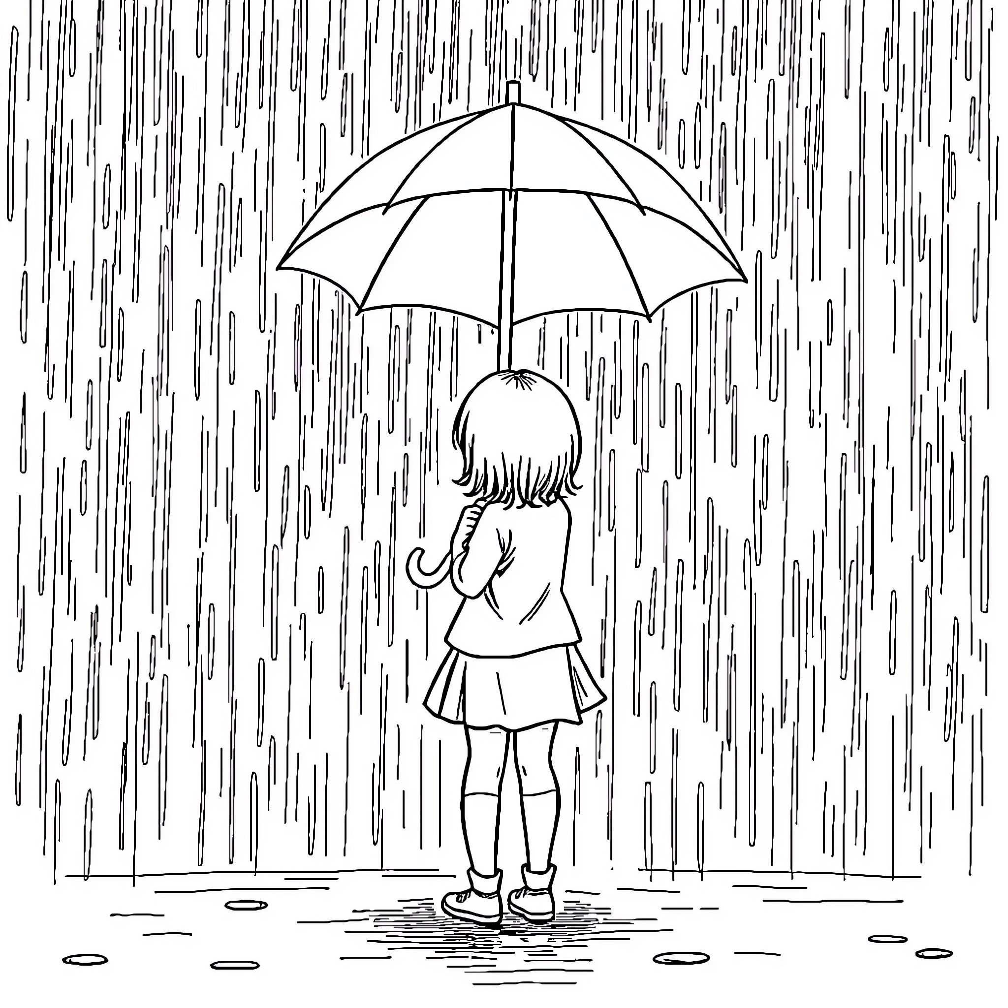 Girl standing in the rain under an umbrella Coloring Page (free black-and-white line drawing printable PDF for all, from beginners to advanced learners, including children, teens, adults, and seniors)