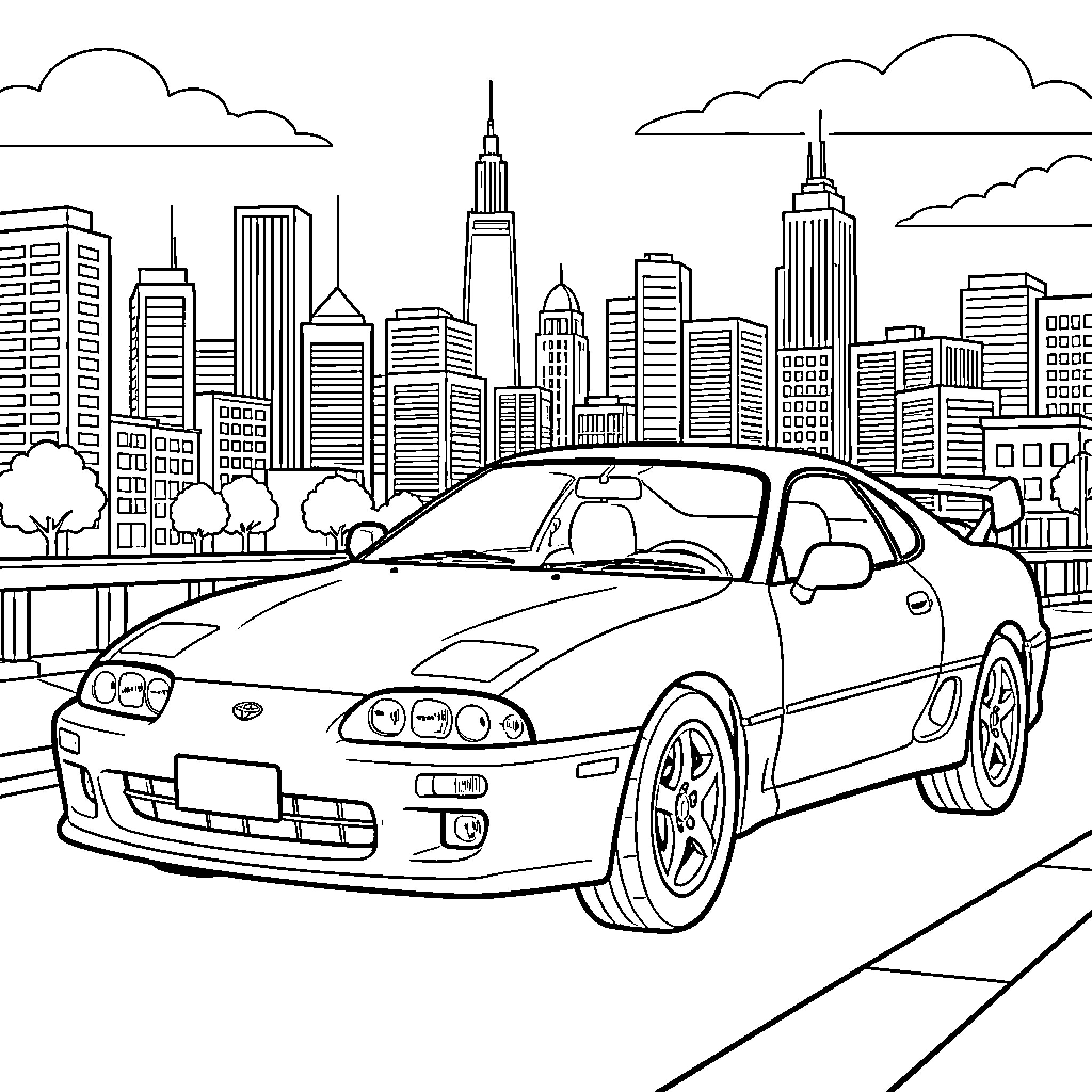 Toyota Supra in urban city skyline Coloring Page (free black-and-white line drawing printable PDF for all, from beginners to advanced learners, including children, teens, adults, and seniors)
