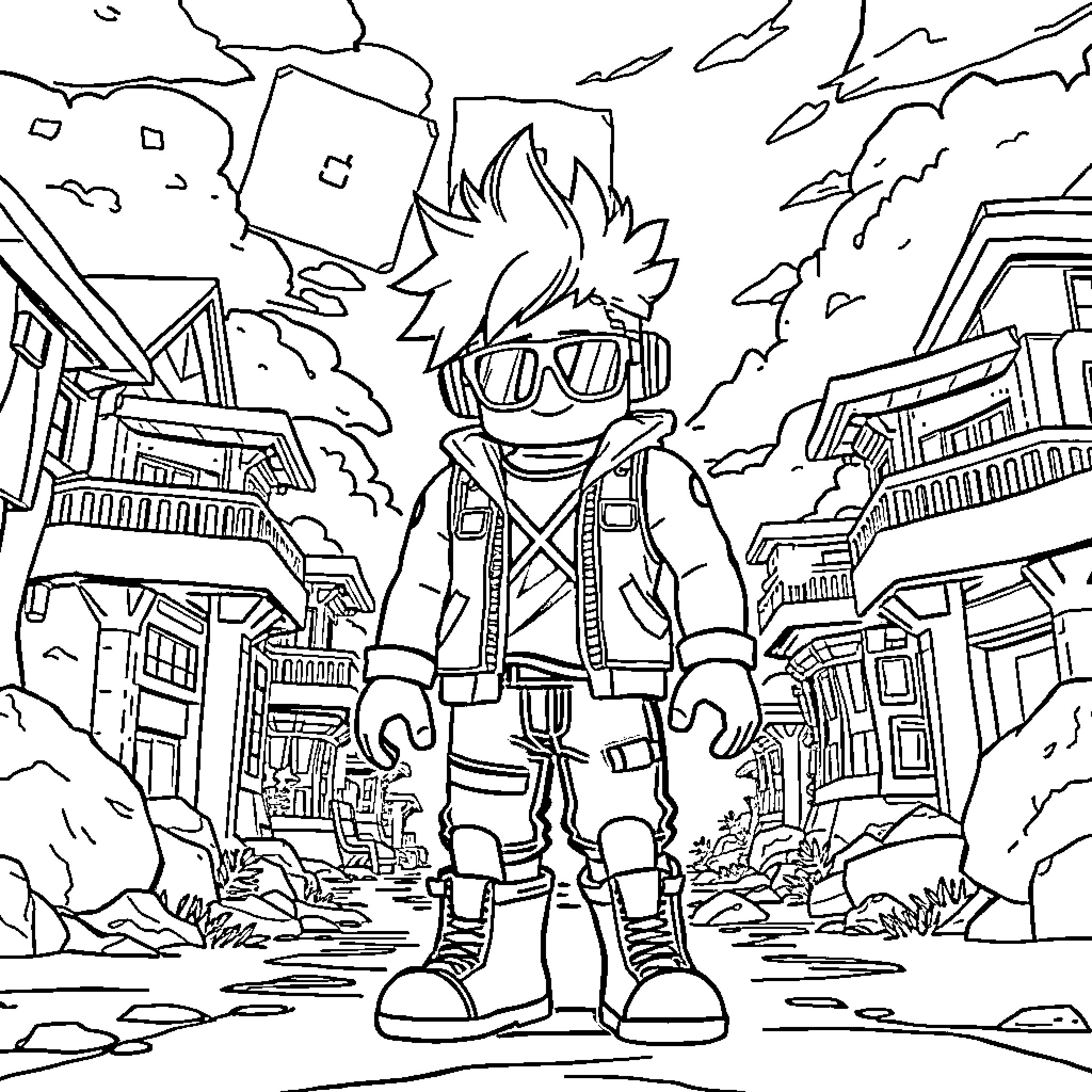 C00lkidd's urban adventure in a vibrant city Coloring Page (free black-and-white line drawing printable PDF for all, from beginners to advanced learners, including children, teens, adults, and seniors)