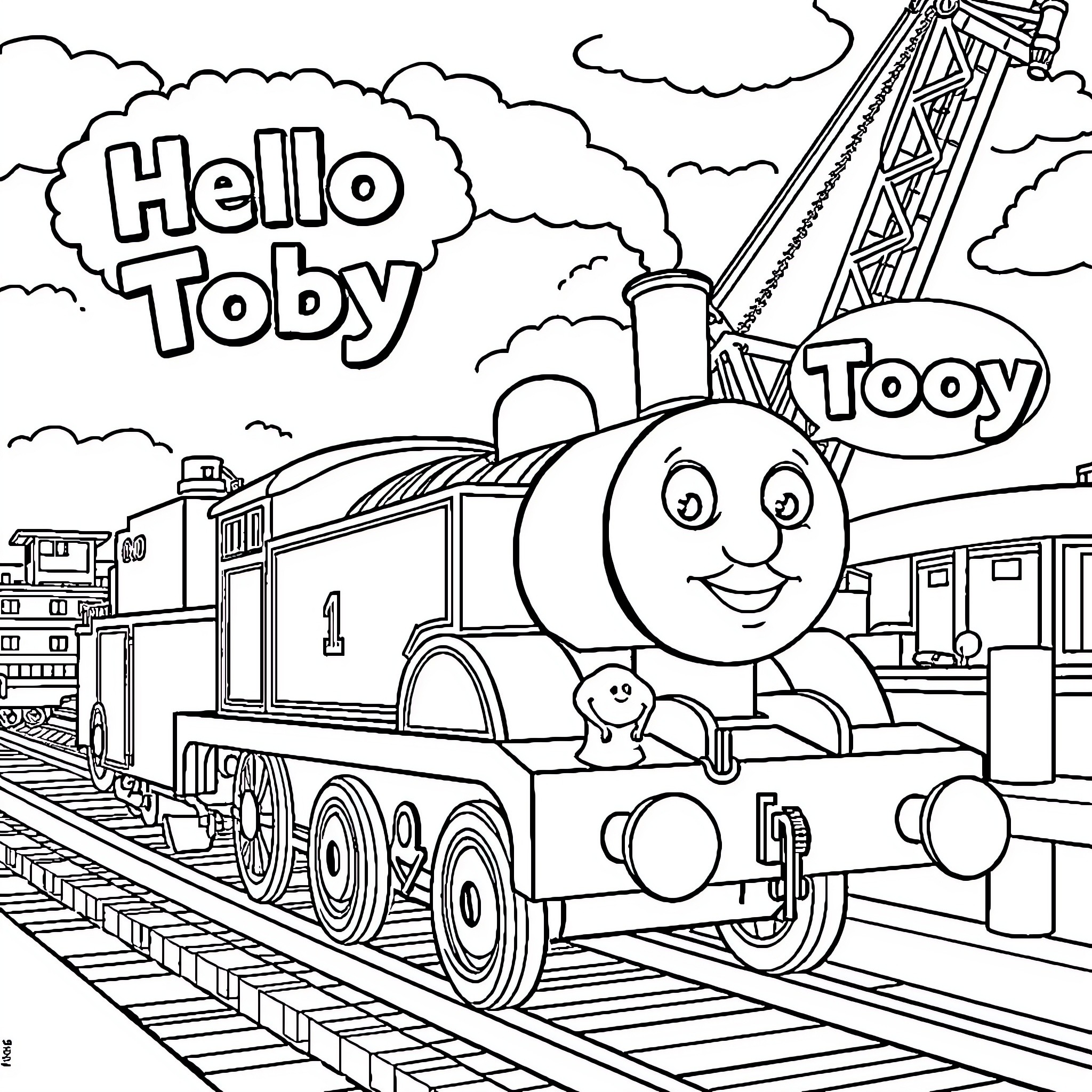 Thomas the Train Joyfully Chugging Along Coloring Page (free black-and-white line drawing printable PDF for all, from beginners to advanced learners, including children, teens, adults, and seniors)