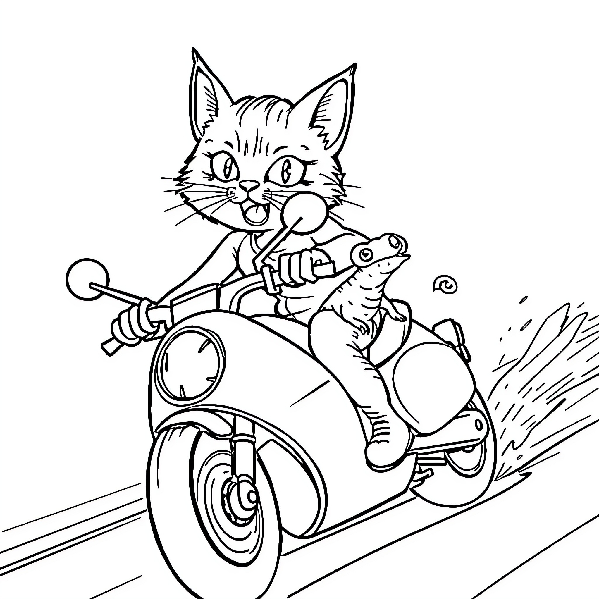 Cat riding a scooter with a frog passenger Coloring Page (free black-and-white line drawing printable PDF for all, from beginners to advanced learners, including children, teens, adults, and seniors)