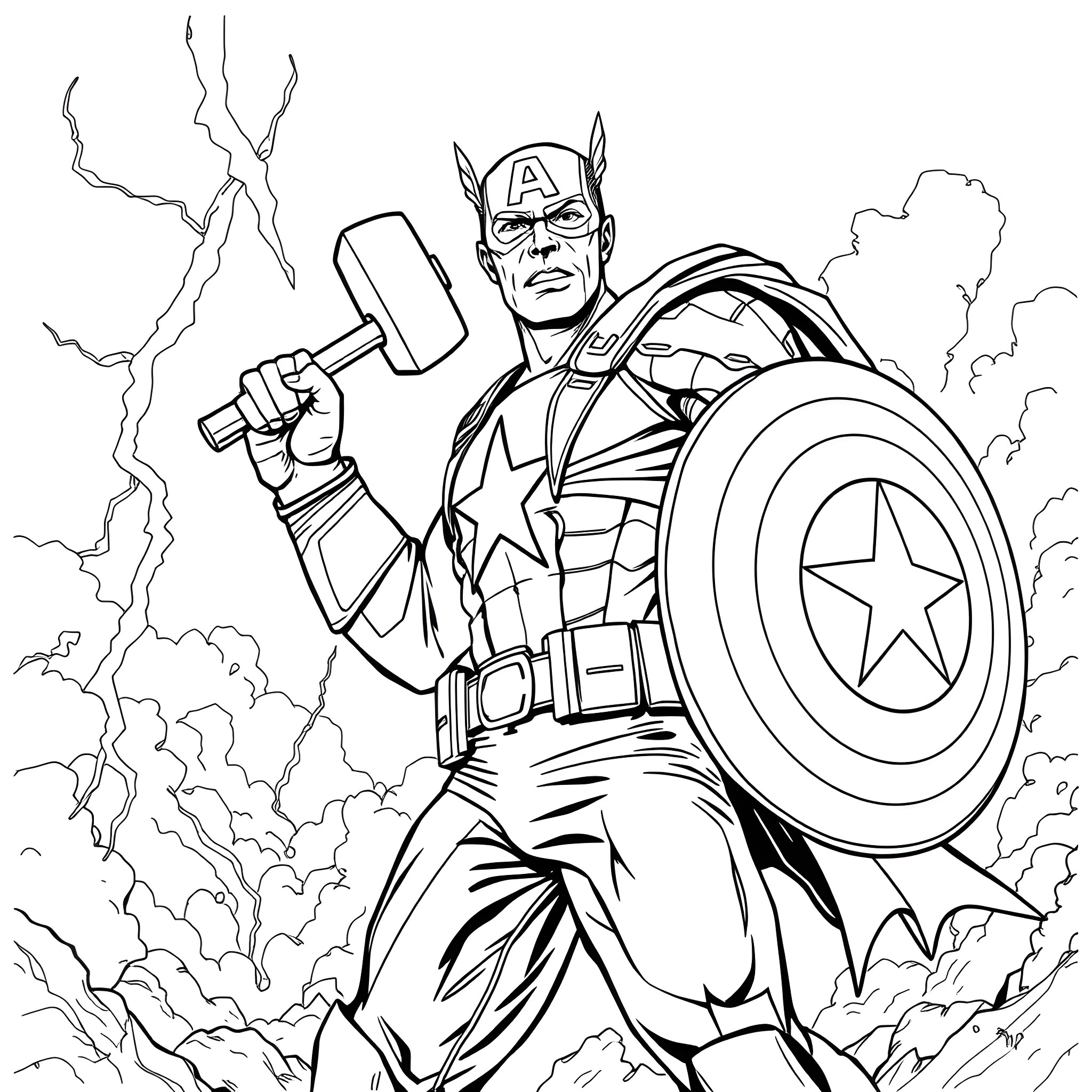 Captain America wielding shield and hammer in action scene Coloring Page (free black-and-white line drawing printable PDF for all, from beginners to advanced learners, including children, teens, adults, and seniors)