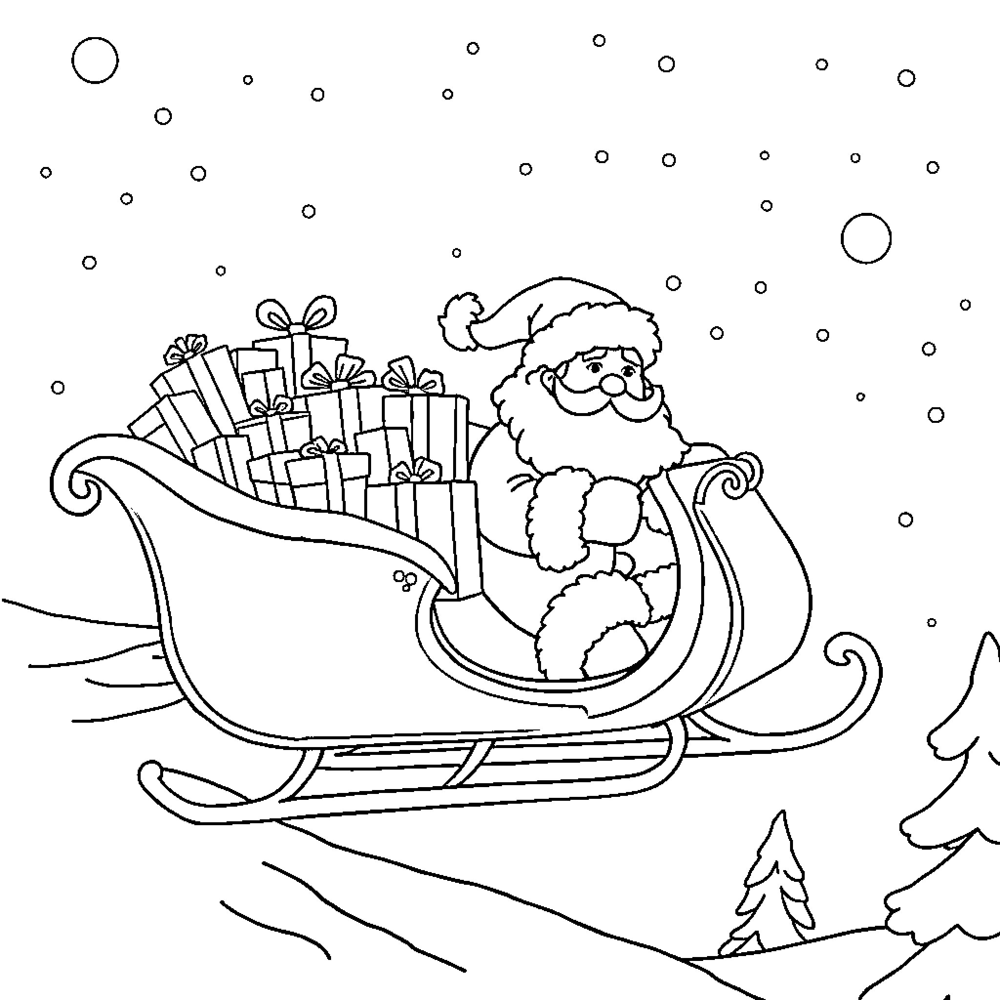 Santa delivering gifts in his sleigh Coloring Page (free black-and-white line drawing printable PDF for all, from beginners to advanced learners, including children, teens, adults, and seniors)