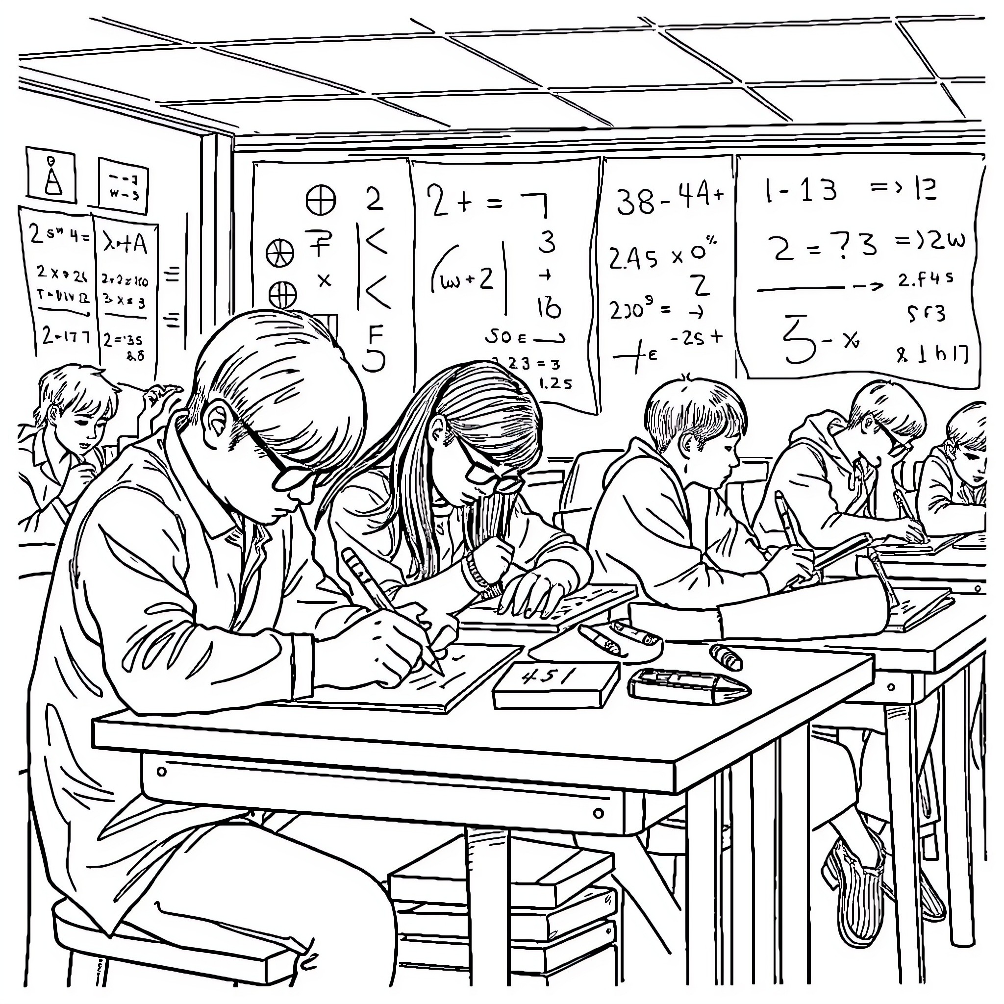 Student Studying Diligently in Math Class Coloring Page (free black-and-white line drawing printable PDF for all, from beginners to advanced learners, including children, teens, adults, and seniors)