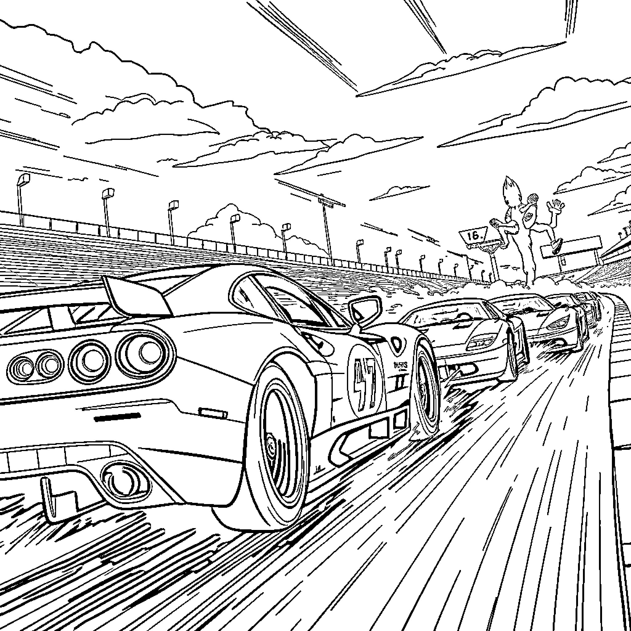 Blaze of High-Speed Racing on the Circuit Coloring Page (free black-and-white line drawing printable PDF for all, from beginners to advanced learners, including children, teens, adults, and seniors)