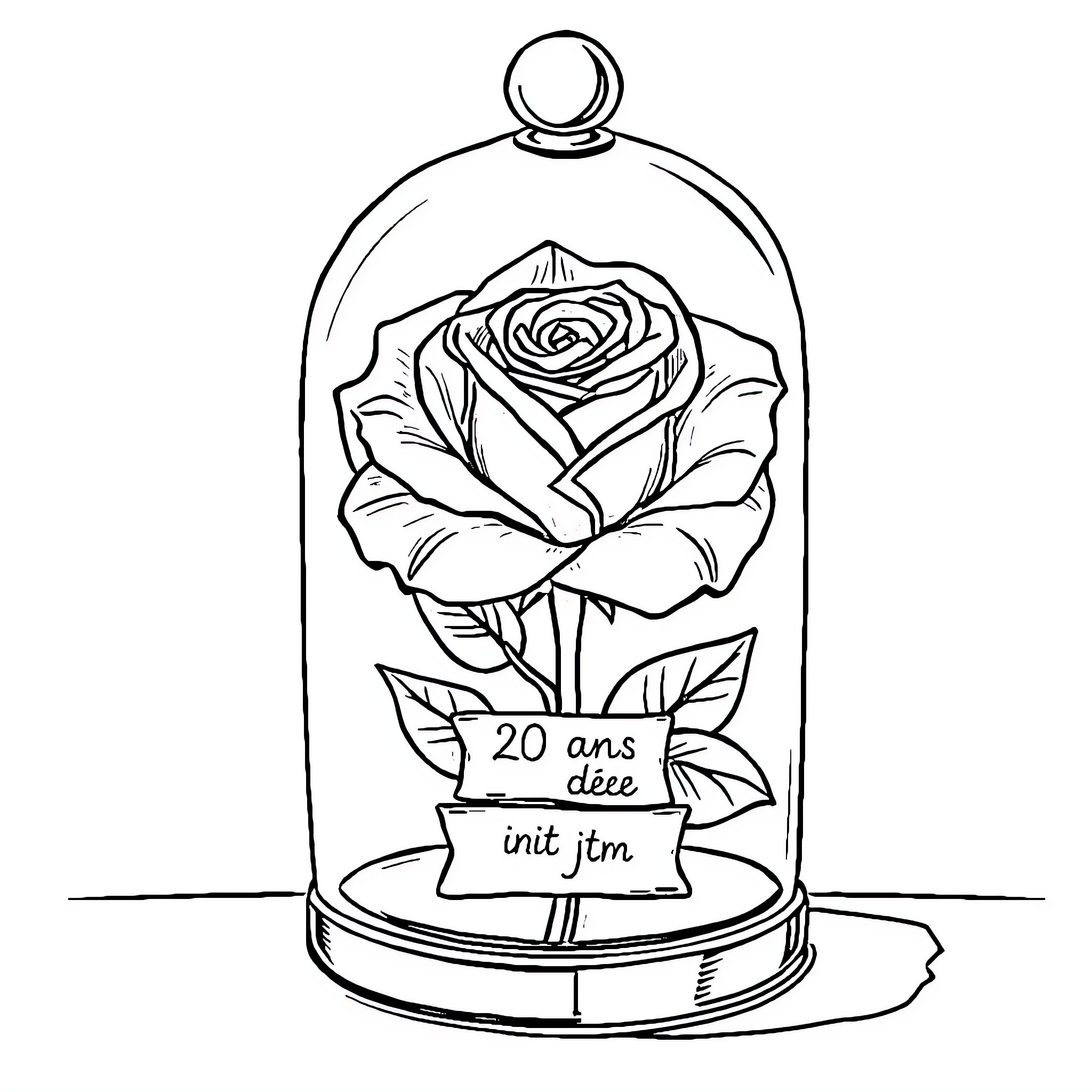 Rose Preserved in Glass Dome with Inscription Coloring Page (free black-and-white line drawing printable PDF for all, from beginners to advanced learners, including children, teens, adults, and seniors)