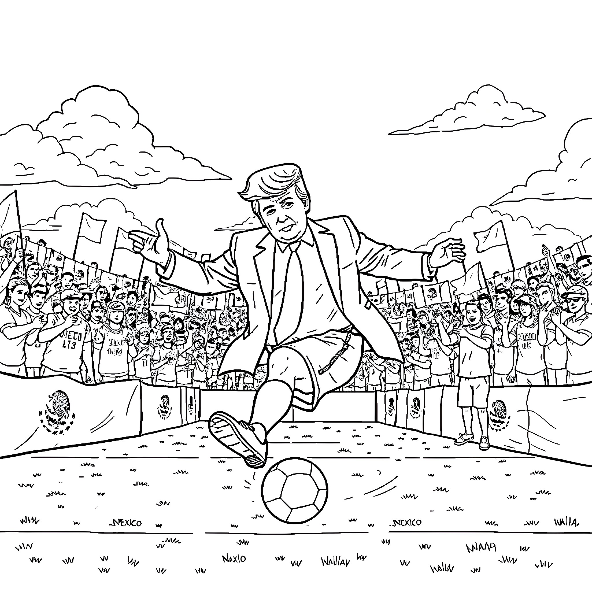 Donald Trump Celebrates Victory with Crowd at Soccer Match Coloring Page (free black-and-white line drawing printable PDF for all, from beginners to advanced learners, including children, teens, adults, and seniors)