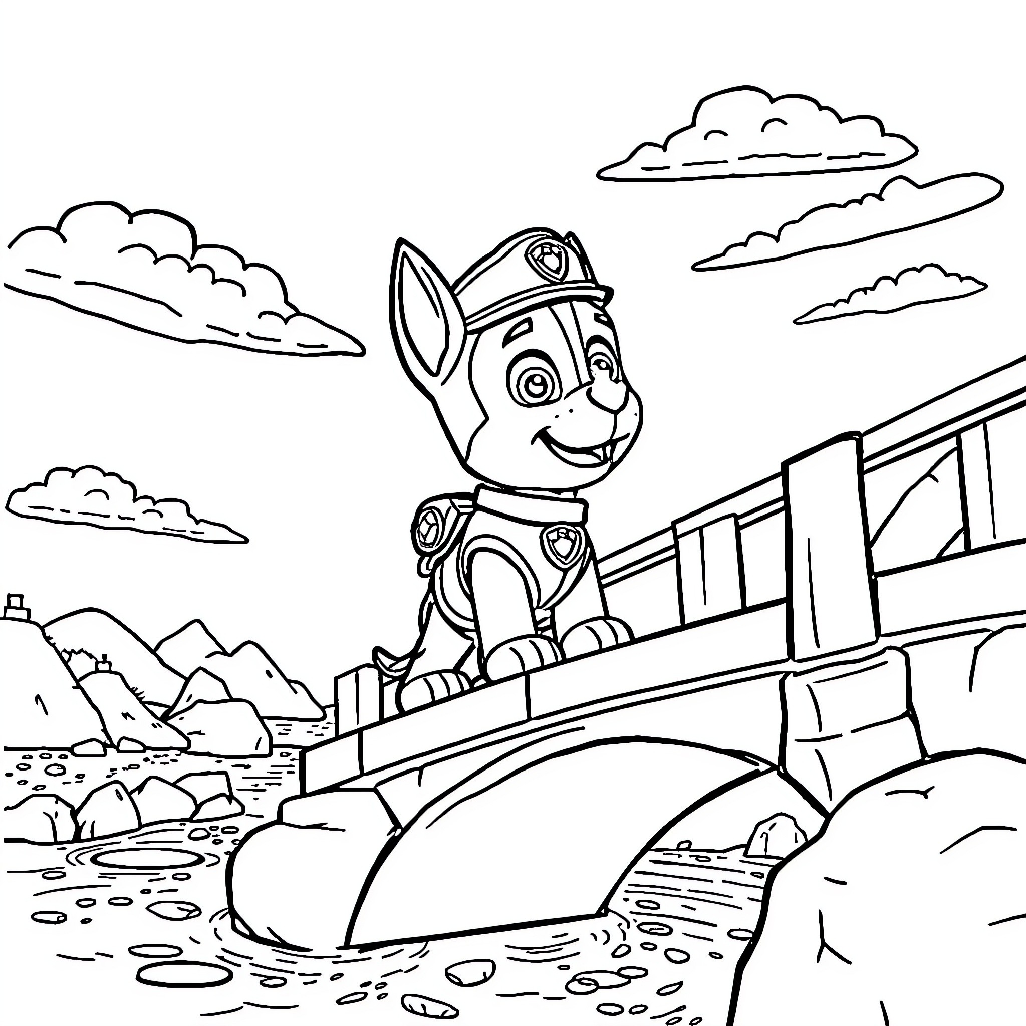 Paw Patrol Character in an Outdoor Adventure Scene Coloring Page (free black-and-white line drawing printable PDF for all, from beginners to advanced learners, including children, teens, adults, and seniors)