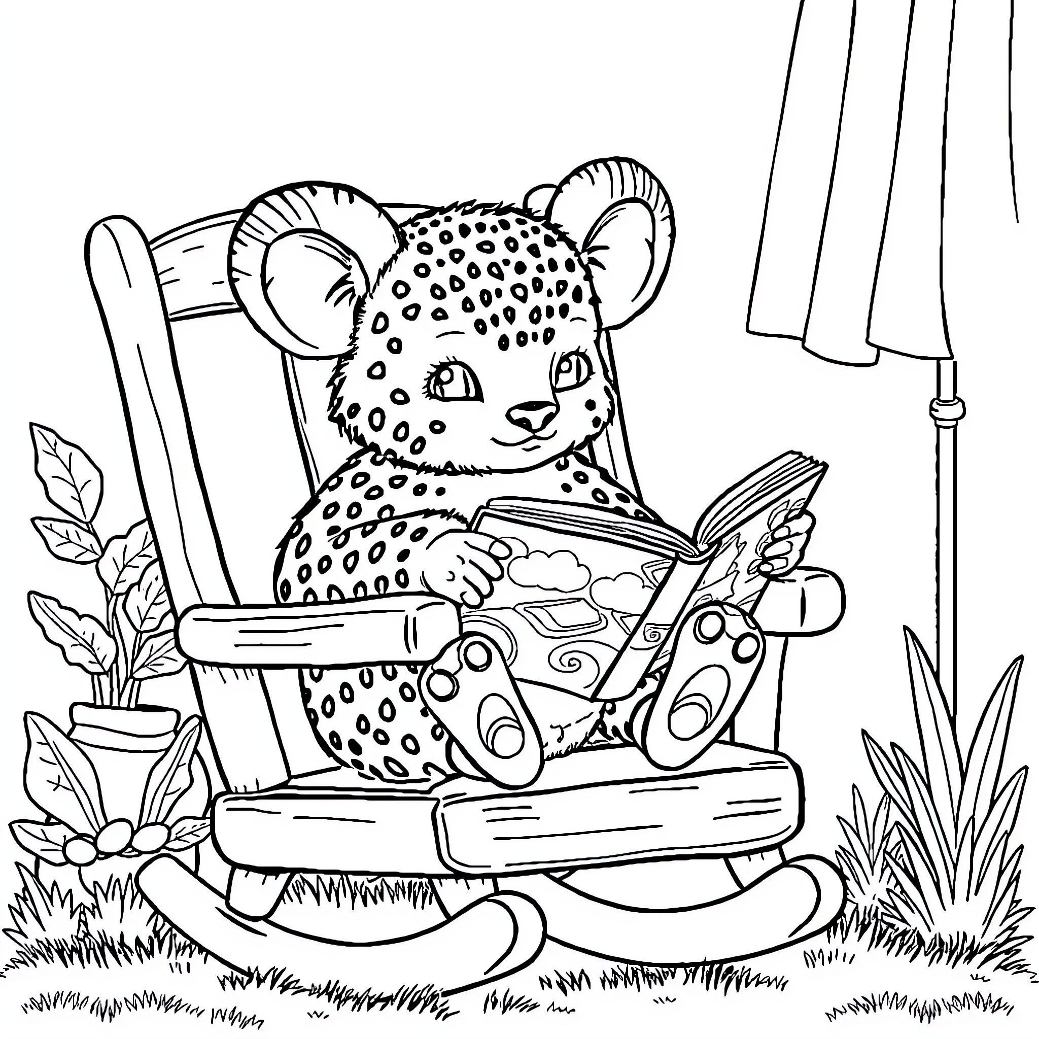 Labubu reading a book in the garden Coloring Page (free black-and-white line drawing printable PDF for all, from beginners to advanced learners, including children, teens, adults, and seniors)