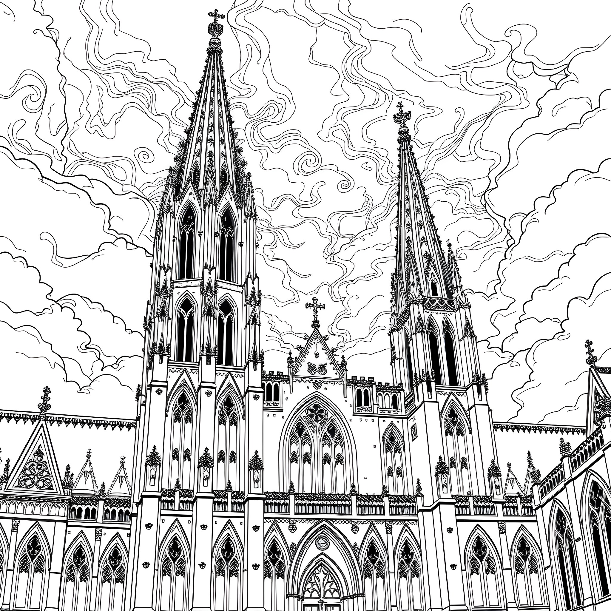 Gothic Cathedral with Intricate Spires and Ornate Architecture Coloring Page (free black-and-white line drawing printable PDF for all, from beginners to advanced learners, including children, teens, adults, and seniors)