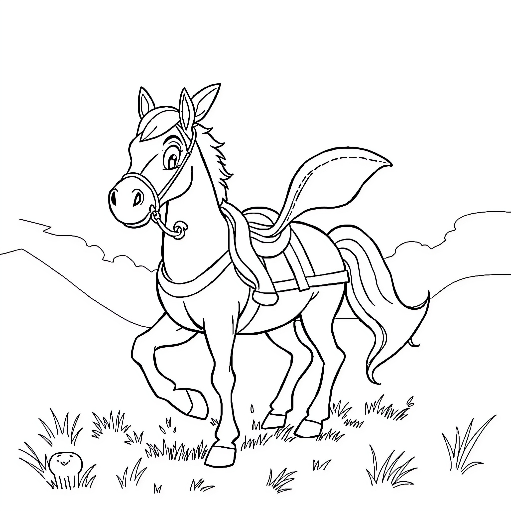 Pat's Cheerful Pony Prancing Through the Meadow Coloring Page (free black-and-white line drawing printable PDF for all, from beginners to advanced learners, including children, teens, adults, and seniors)