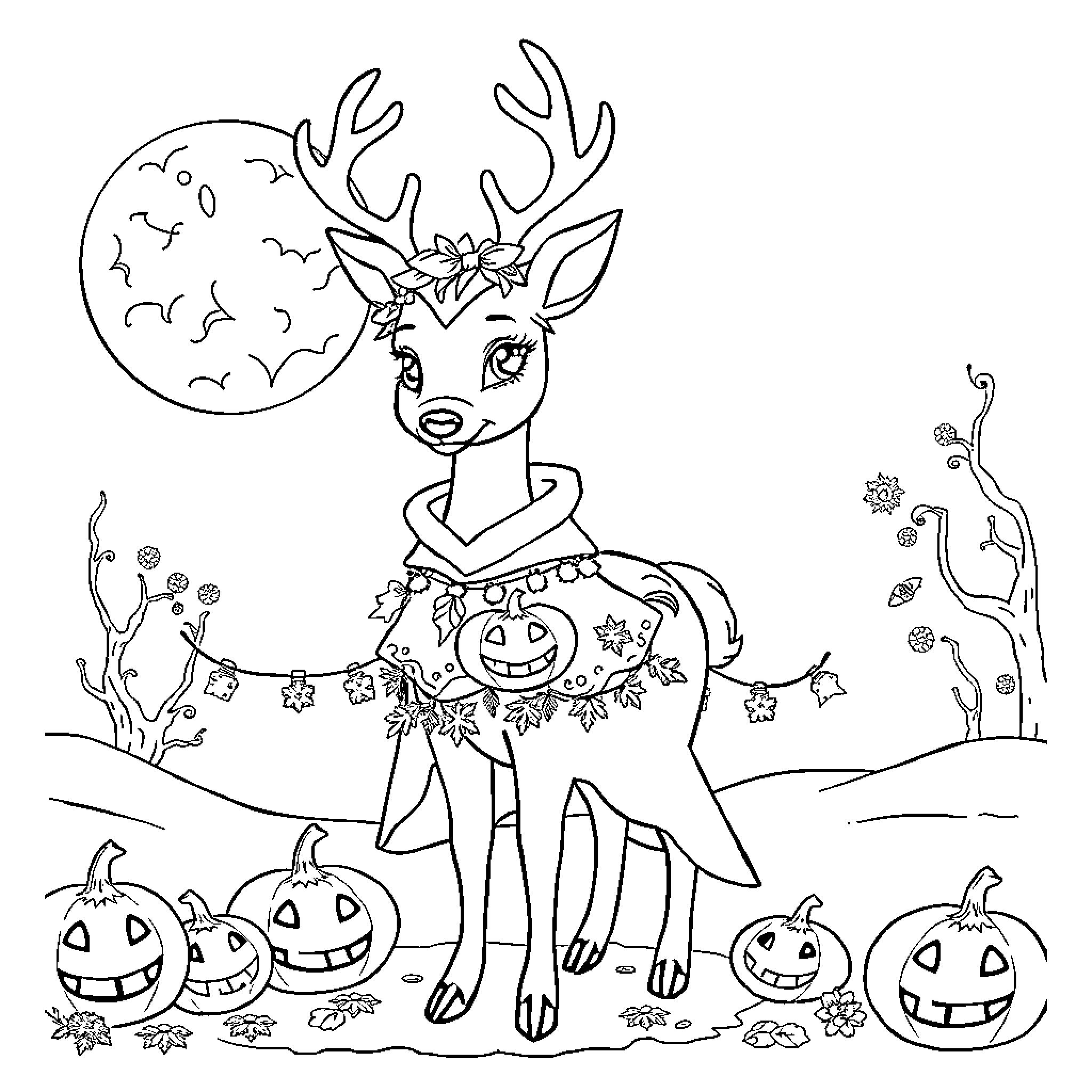 Snow Queen's Halloween Celebration Coloring Page (free black-and-white line drawing printable PDF for all, from beginners to advanced learners, including children, teens, adults, and seniors)