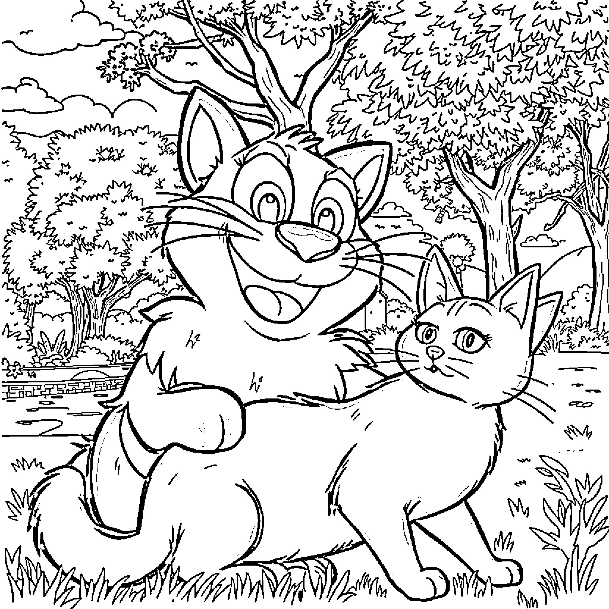 Plim Plim's Playful Adventure in the Enchanted Forest Coloring Page (free black-and-white line drawing printable PDF for all, from beginners to advanced learners, including children, teens, adults, and seniors)