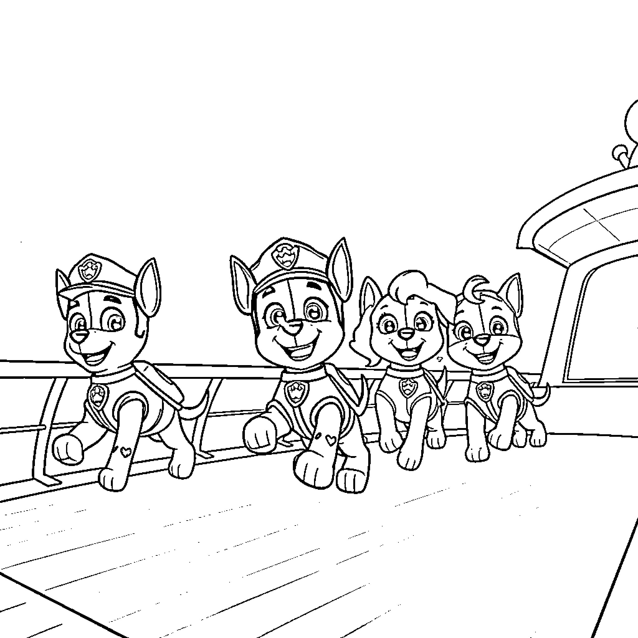Paw Patrol members in uniform posing together Coloring Page (free black-and-white line drawing printable PDF for all, from beginners to advanced learners, including children, teens, adults, and seniors)