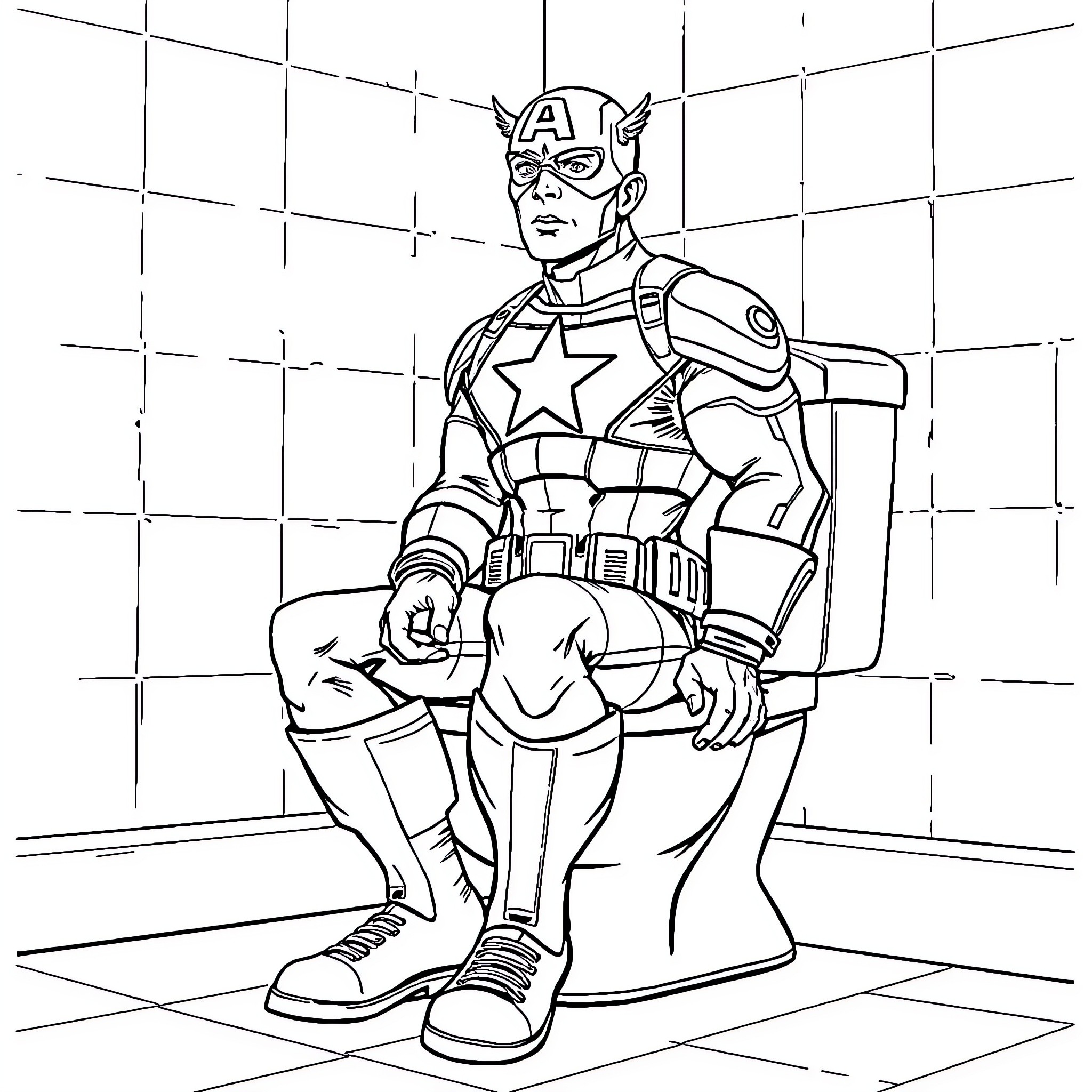 Captain America Standing Heroically in Uniform Coloring Page (free black-and-white line drawing printable PDF for all, from beginners to advanced learners, including children, teens, adults, and seniors)
