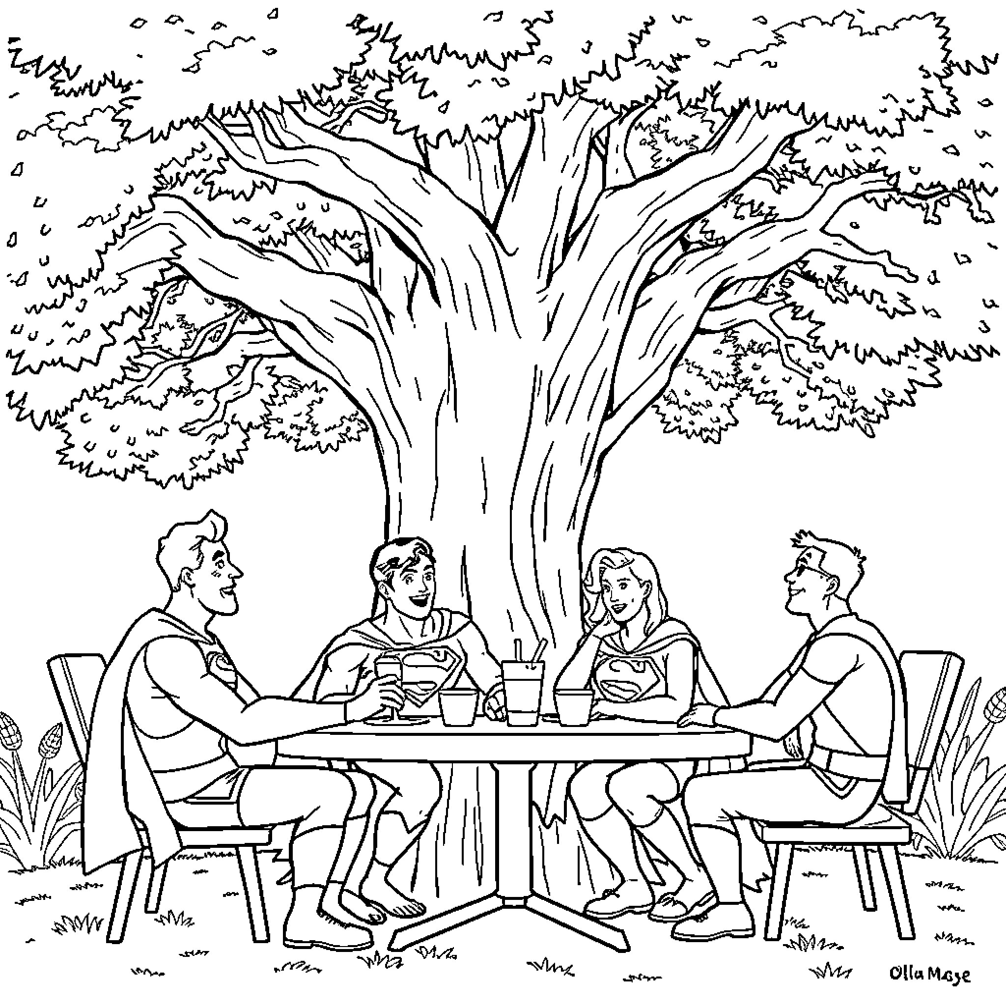 Superman enjoying an outdoor picnic with friends Coloring Page (free black-and-white line drawing printable PDF for all, from beginners to advanced learners, including children, teens, adults, and seniors)