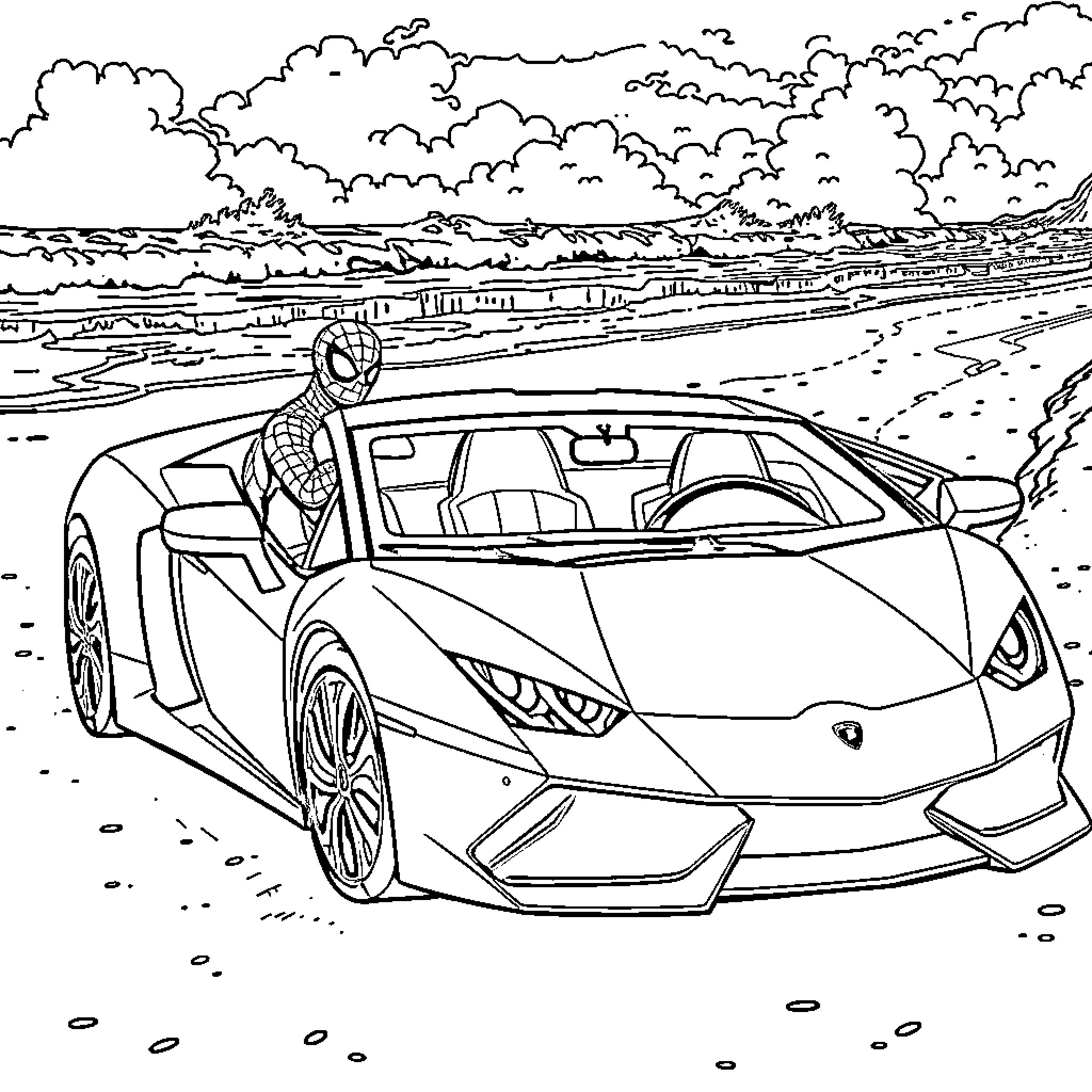 Spiderman on a high-speed Lamborghini adventure Coloring Page (free black-and-white line drawing printable PDF for all, from beginners to advanced learners, including children, teens, adults, and seniors)