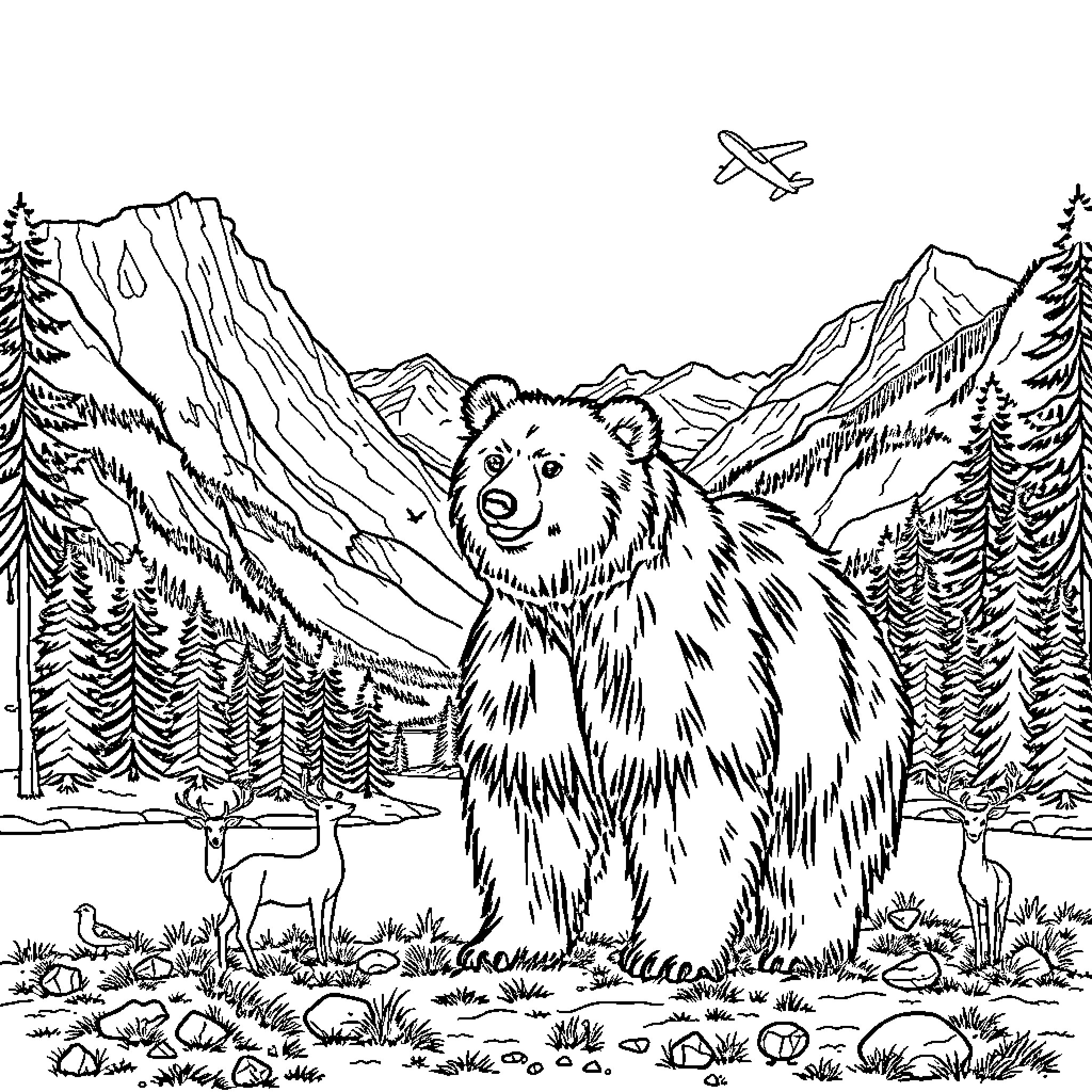 Bear exploring the majestic mountain scenery Coloring Page (free black-and-white line drawing printable PDF for all, from beginners to advanced learners, including children, teens, adults, and seniors)