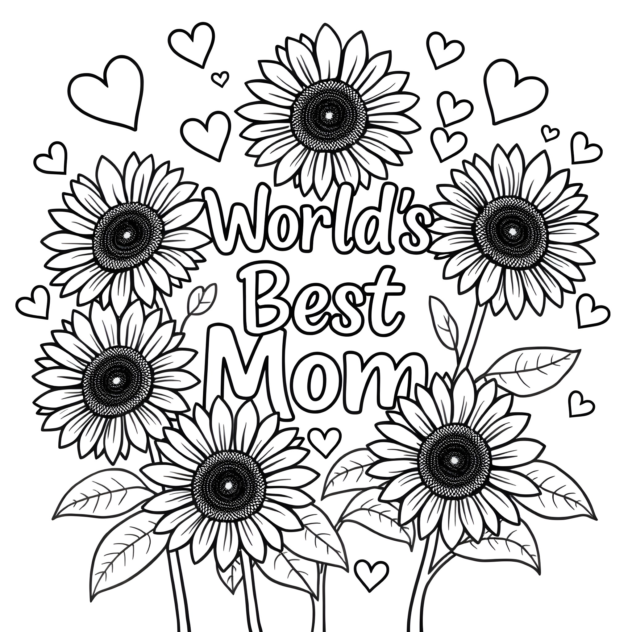 Sunflowers celebrating World's Best Mom Coloring Page (free black-and-white line drawing printable PDF for all, from beginners to advanced learners, including children, teens, adults, and seniors)