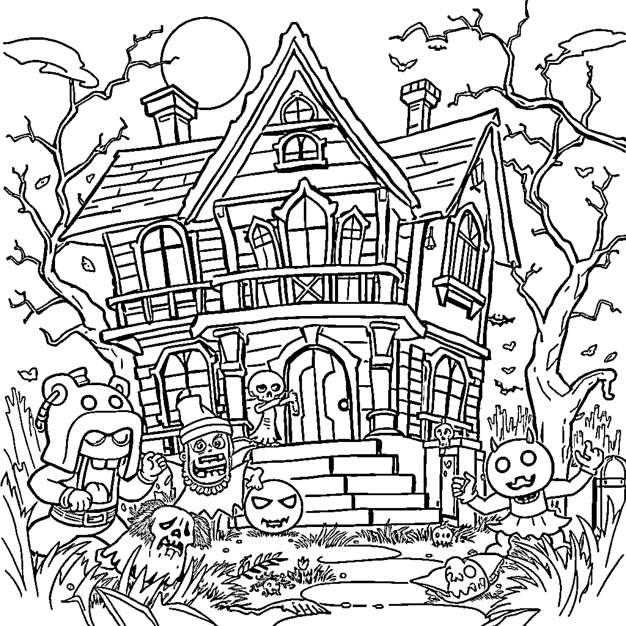 Haunted House with Spooky Creatures and Decor Coloring Page (free black-and-white line drawing printable PDF for all, from beginners to advanced learners, including children, teens, adults, and seniors)