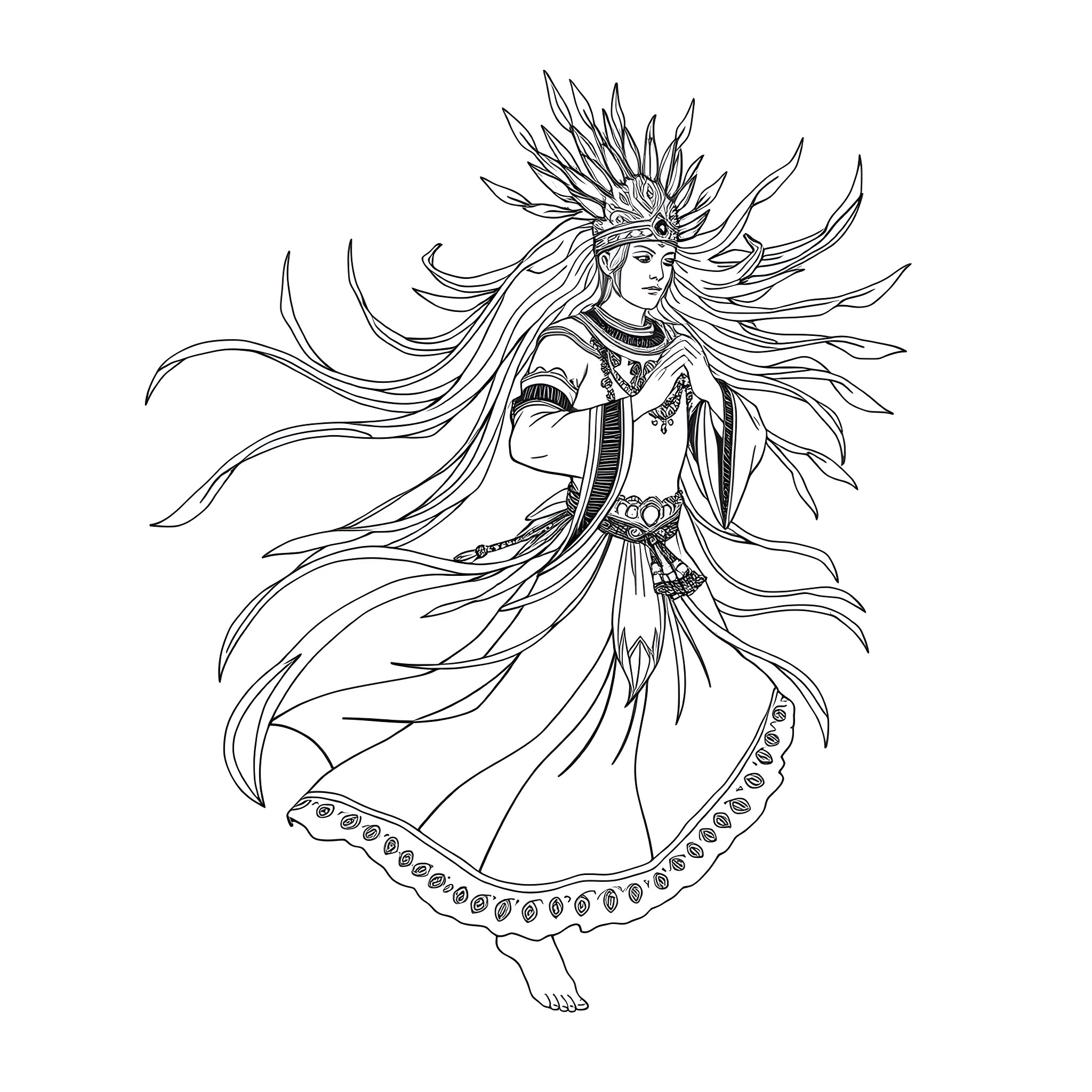 Great Spirit in Radiant Regalia Dancing with Grace Coloring Page (free black-and-white line drawing printable PDF for all, from beginners to advanced learners, including children, teens, adults, and seniors)